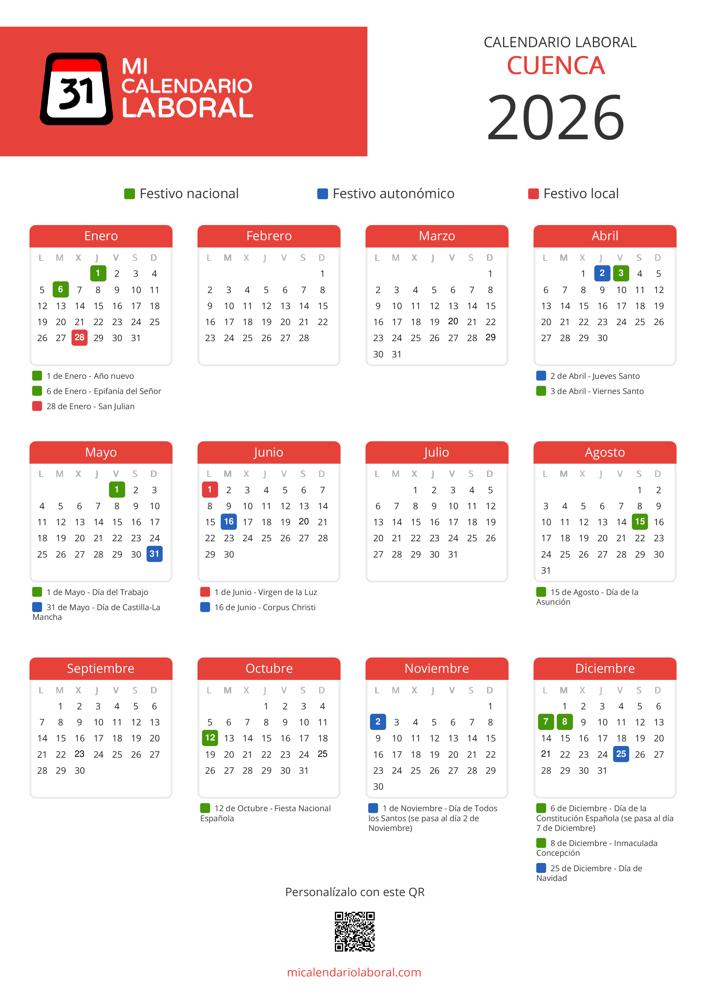 Calendario Laboral de Cuenca 2026 - Feriados y puentes de Cuenca formato vertical
