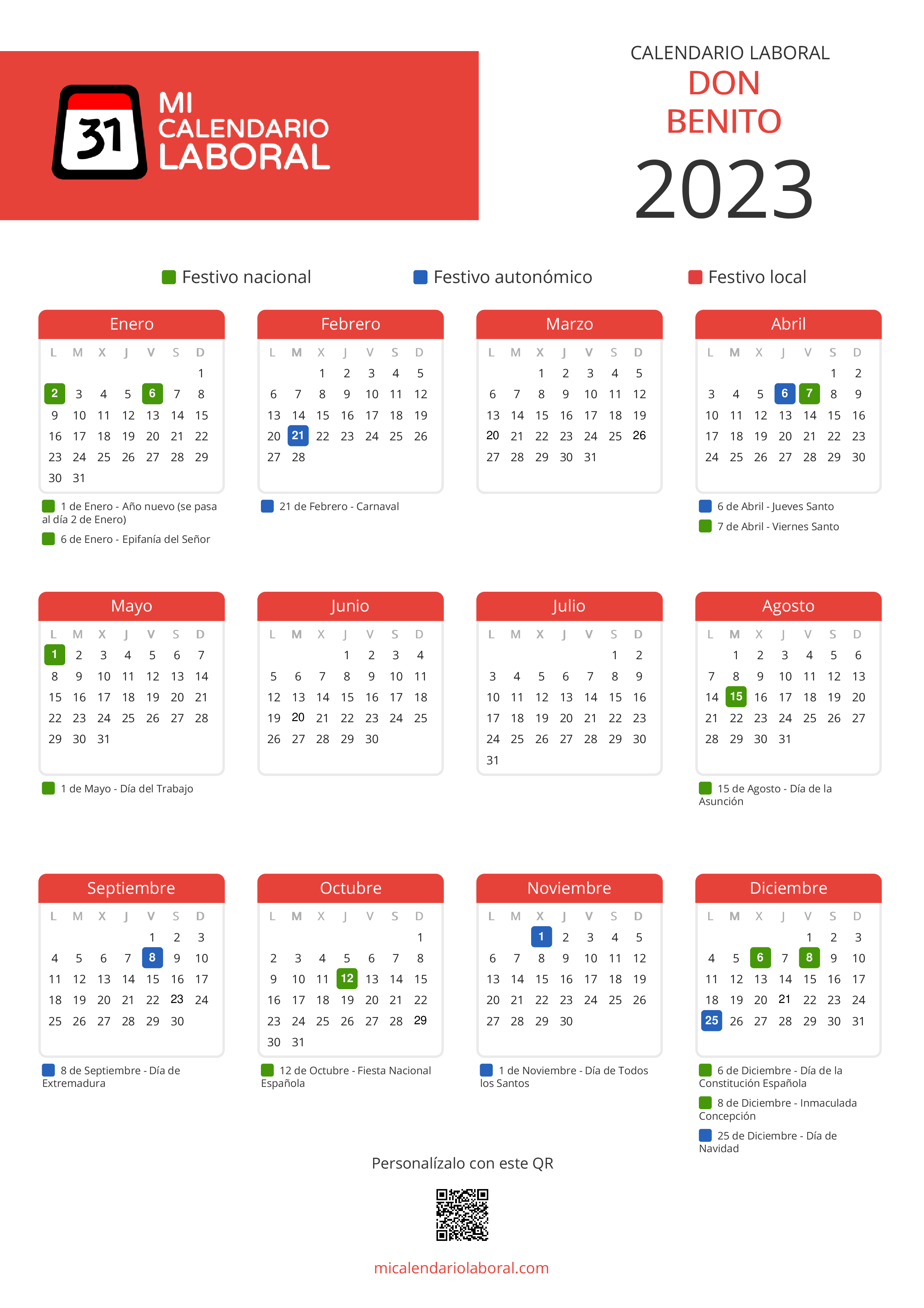 Calendario Laboral de Don Benito 2023 - Feriados y puentes de Don Benito formato vertical