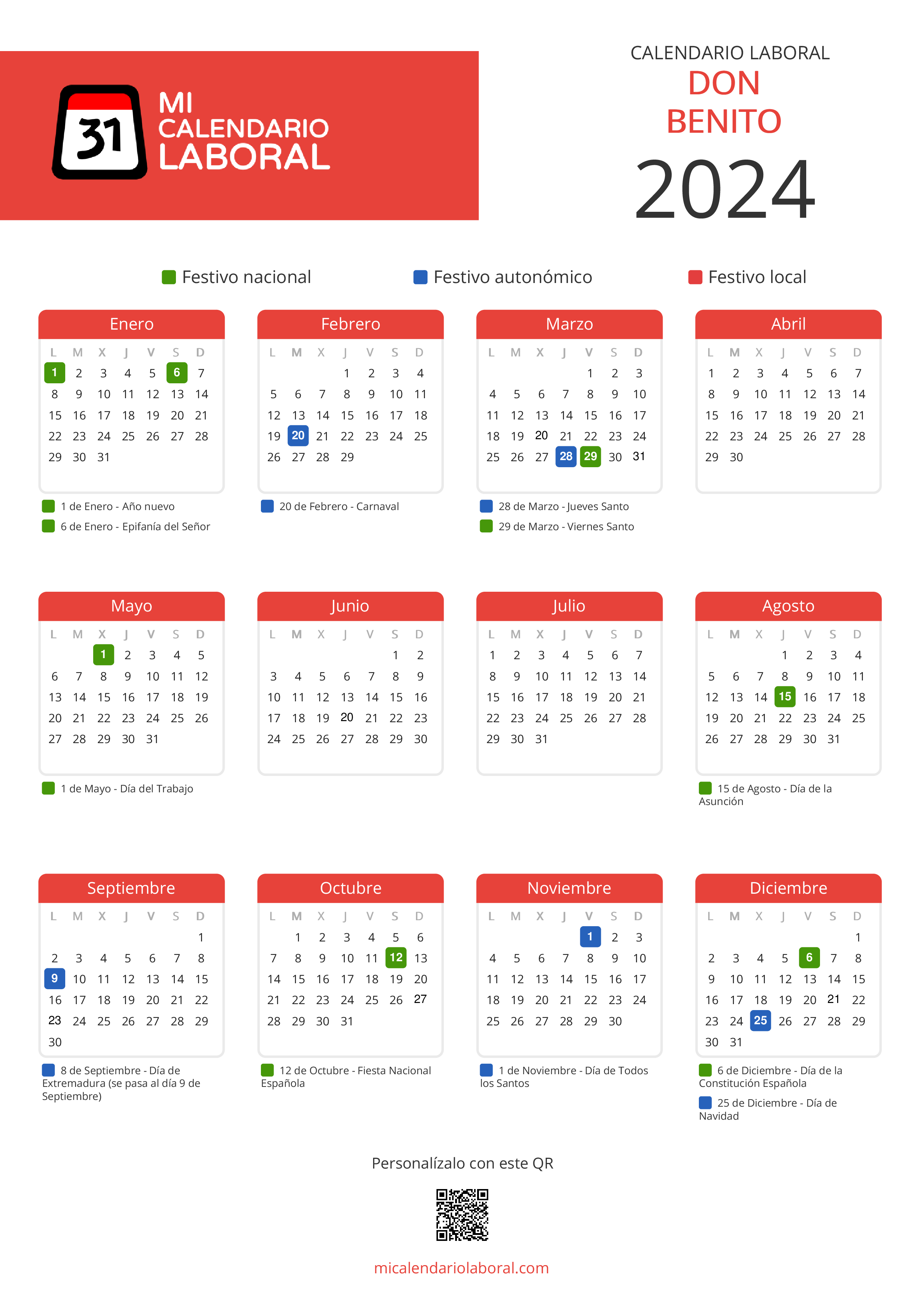 Calendario Laboral de Don Benito 2024 - Feriados y puentes de Don Benito formato vertical