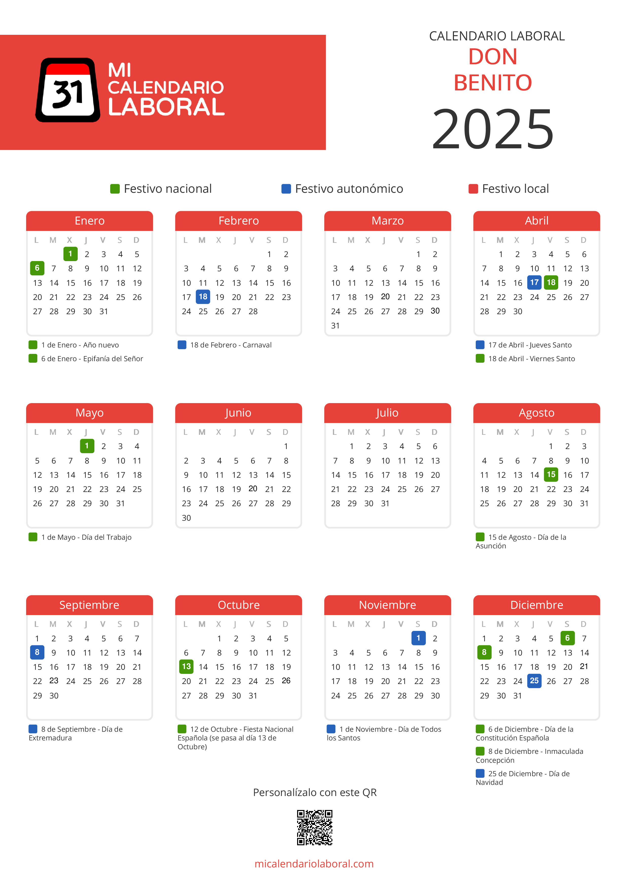 Calendario Laboral de Don Benito 2025 - Feriados y puentes de Don Benito formato vertical
