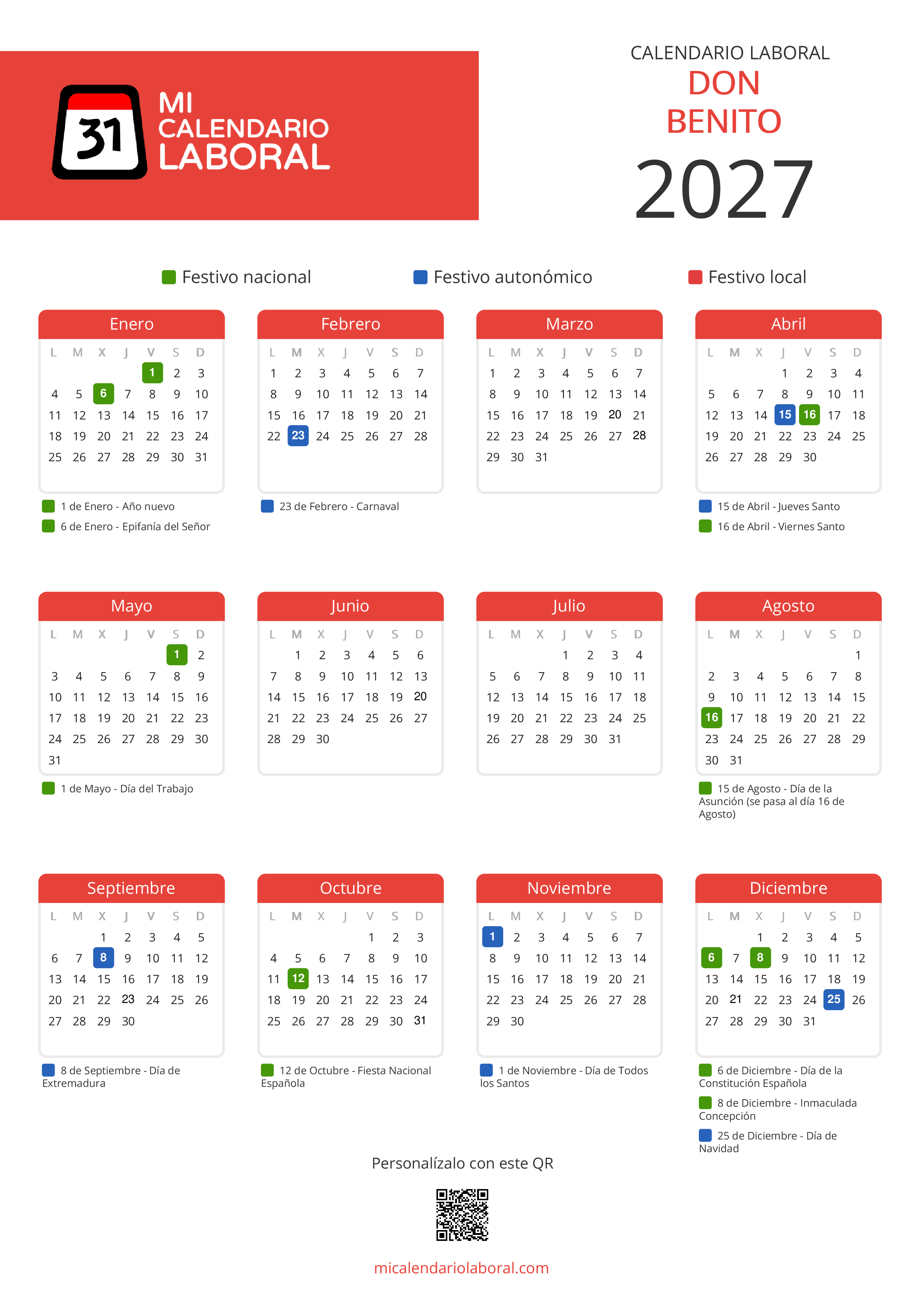 Calendario Laboral de Don Benito 2027 - Feriados y puentes de Don Benito formato vertical