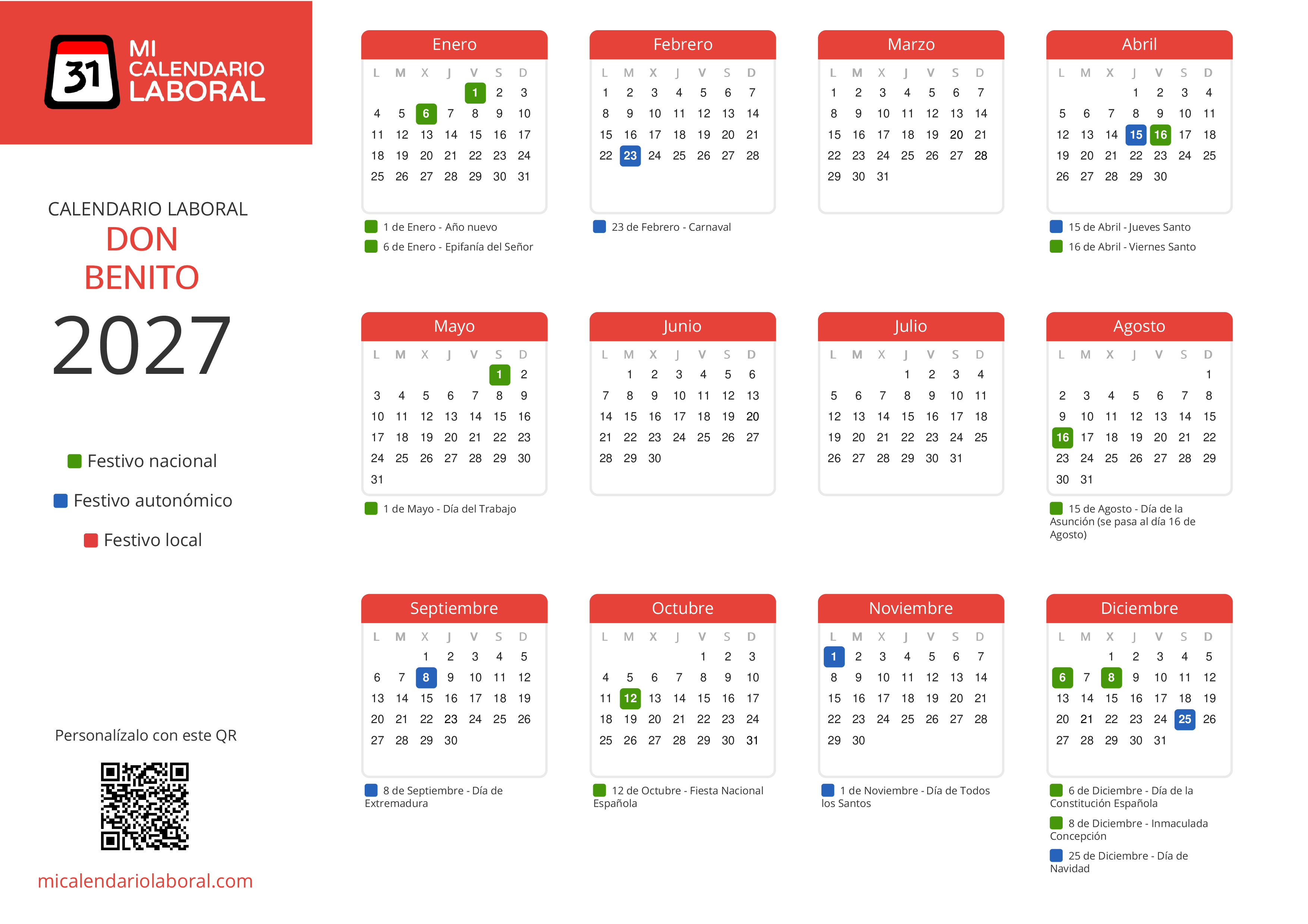 Calendario Laboral de Don Benito 2027 - Feriados y puentes de Don Benito