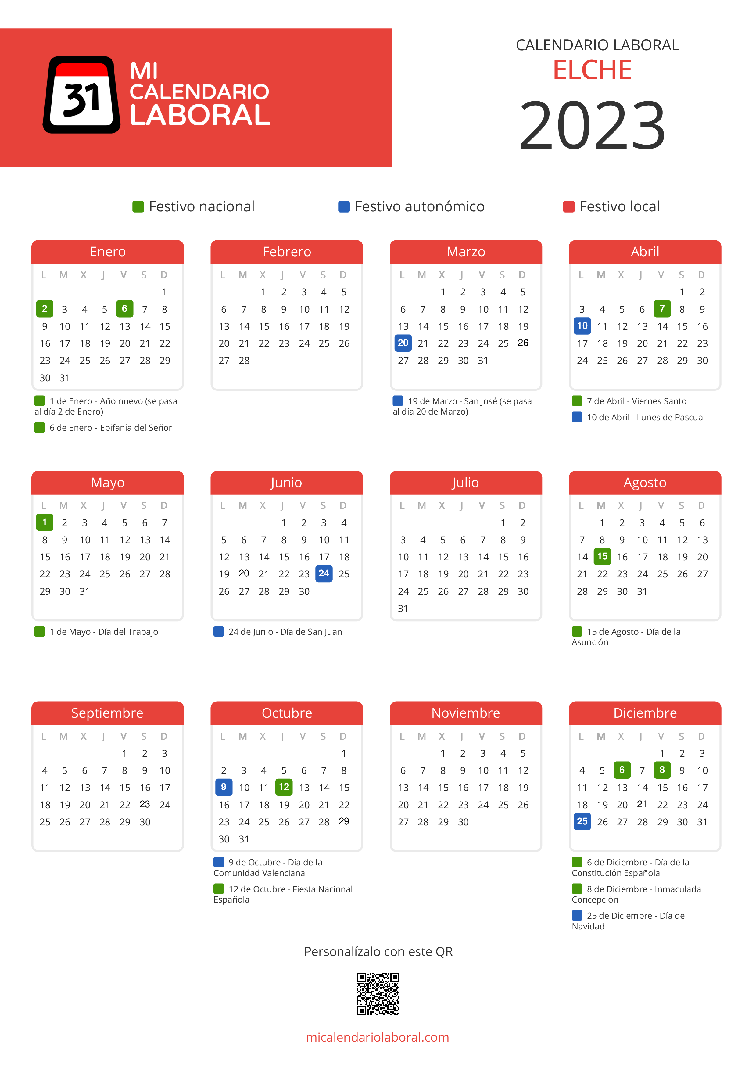 Calendario Laboral de Elche 2023 - Feriados y puentes de Elche formato vertical
