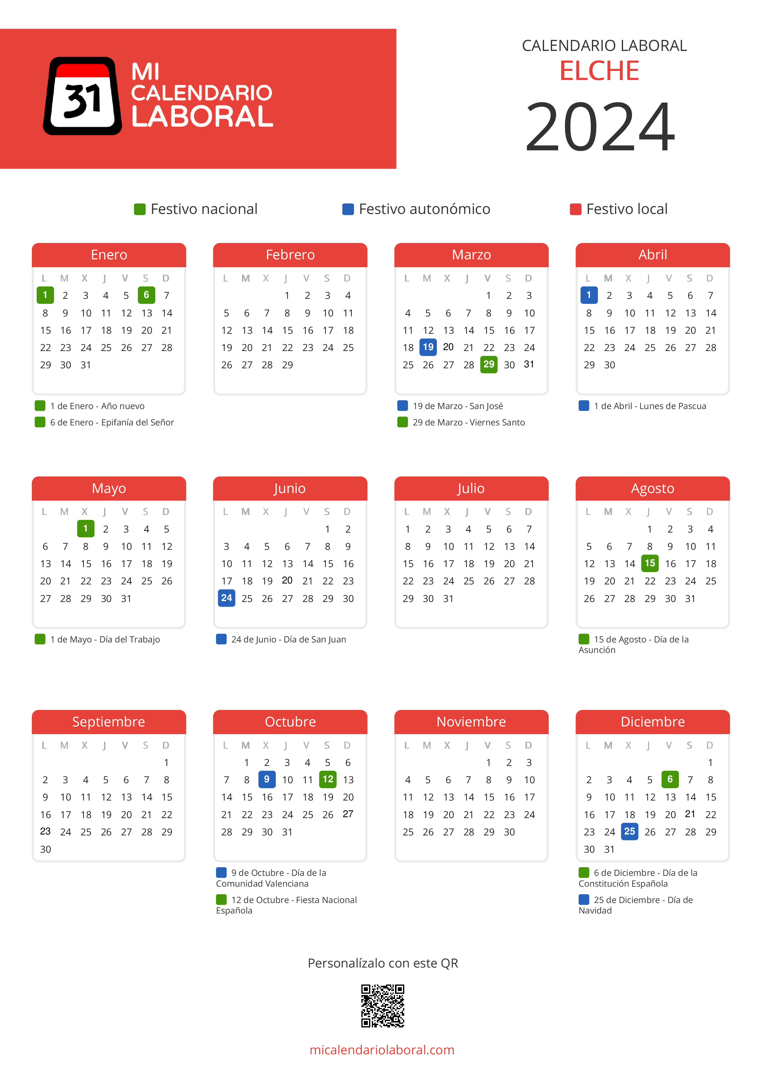 Calendario Laboral de Elche 2024 - Feriados y puentes de Elche formato vertical
