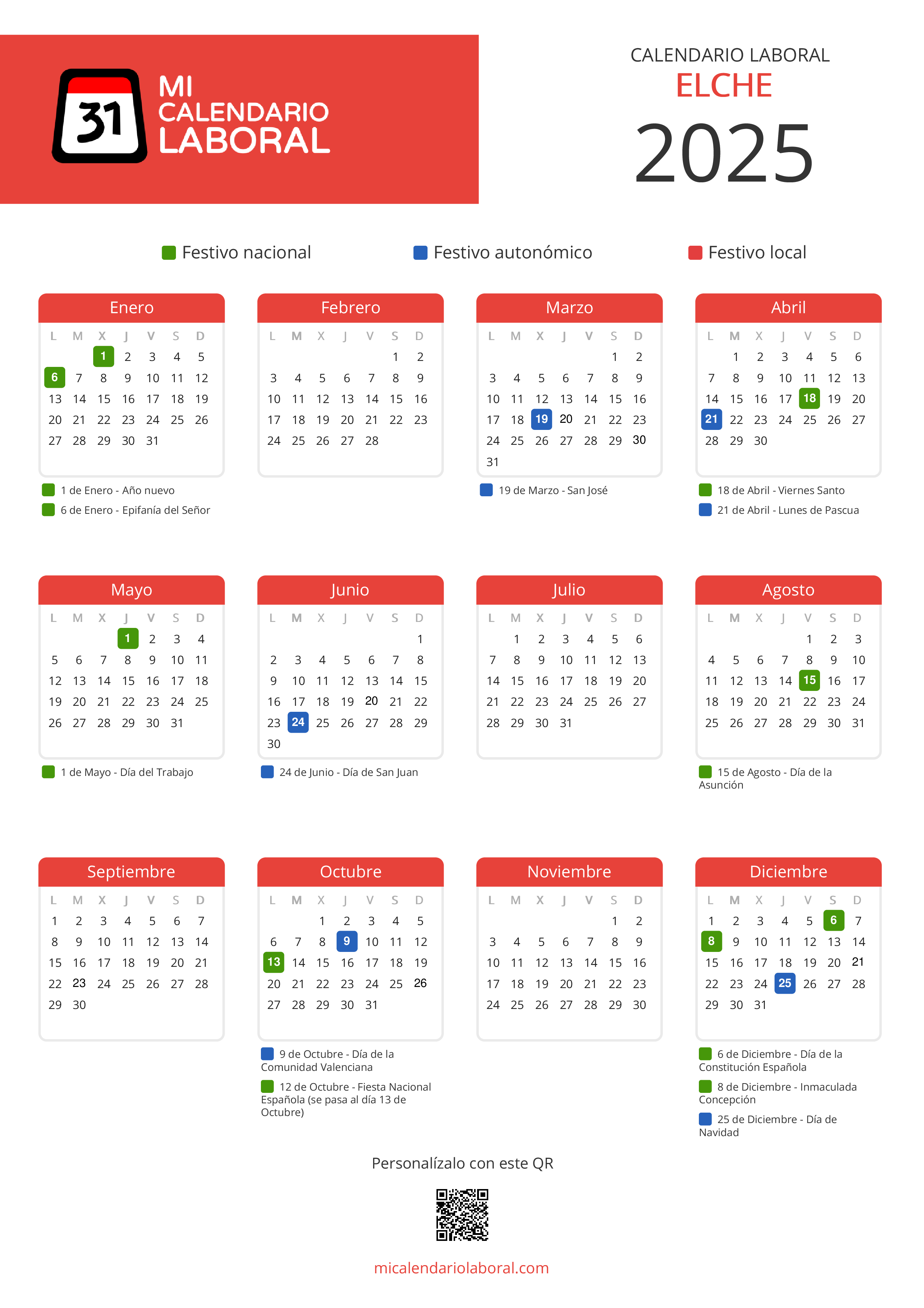 Calendario Laboral de Elche 2025 - Feriados y puentes de Elche formato vertical