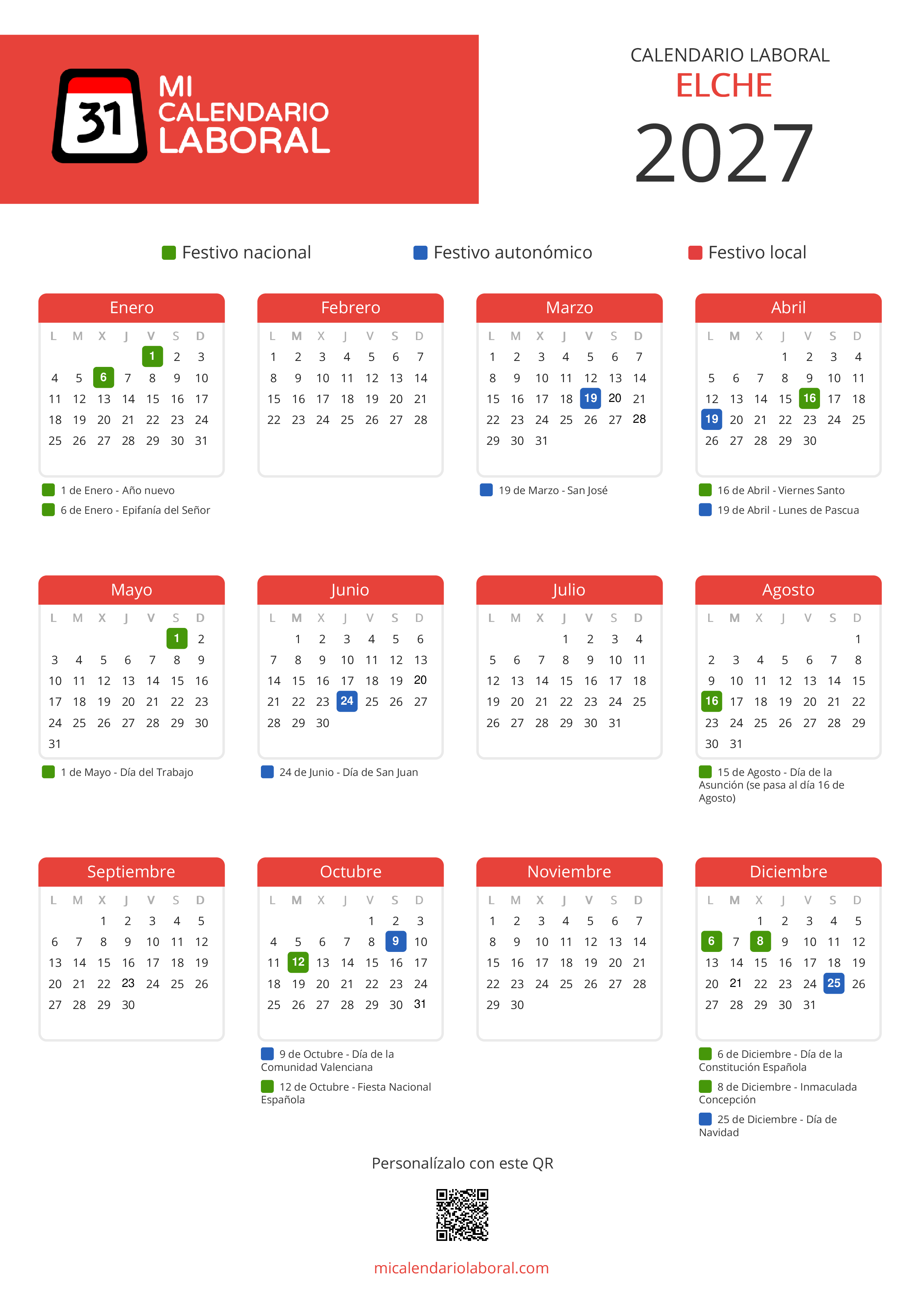 Calendario Laboral de Elche 2027 - Feriados y puentes de Elche formato vertical