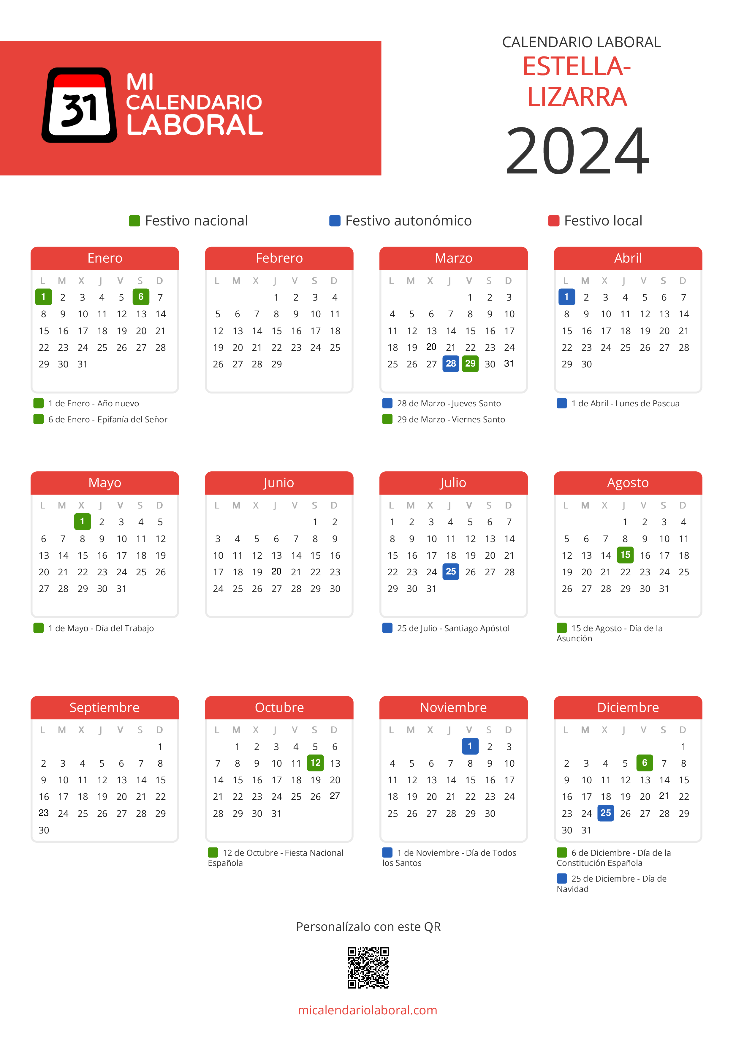Calendario Laboral de Estella-Lizarra 2024 - Feriados y puentes de Estella-Lizarra formato vertical
