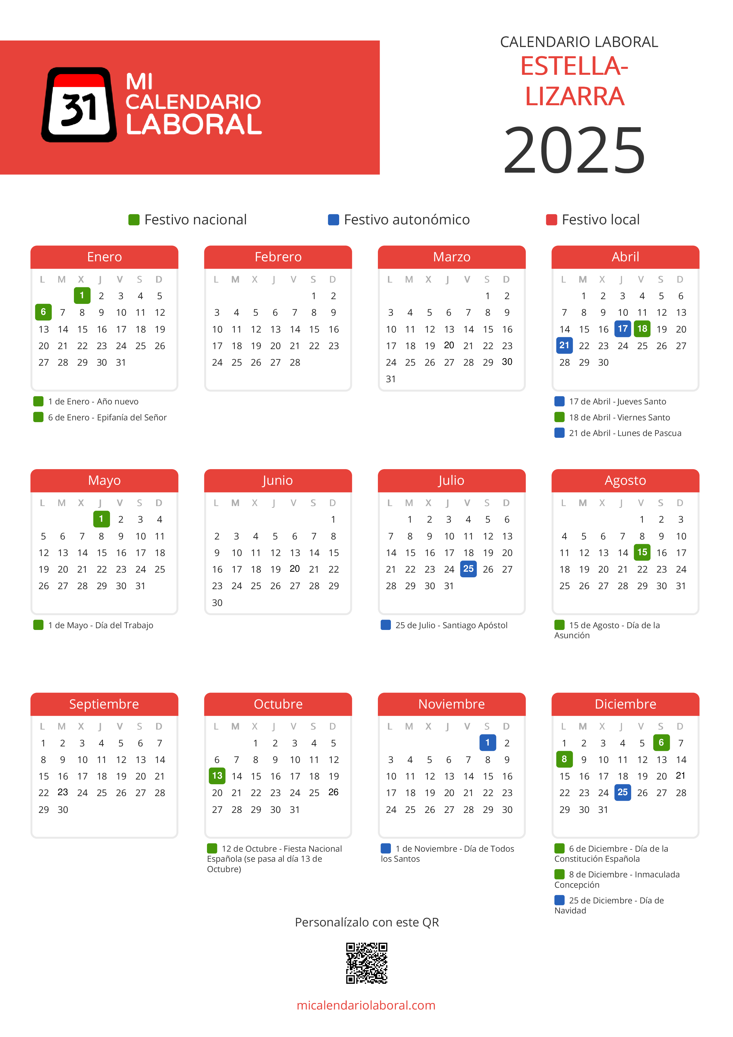 Calendario Laboral de Estella-Lizarra 2025 - Feriados y puentes de Estella-Lizarra formato vertical