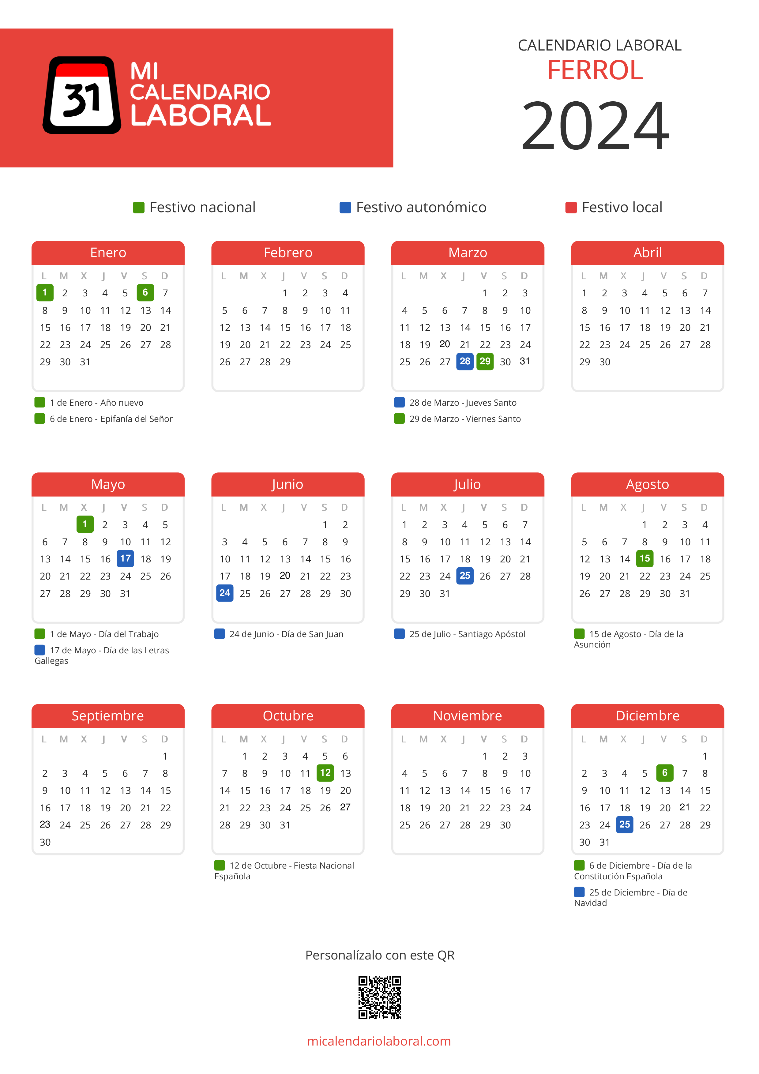Calendario Laboral de Ferrol 2024 - Feriados y puentes de Ferrol formato vertical