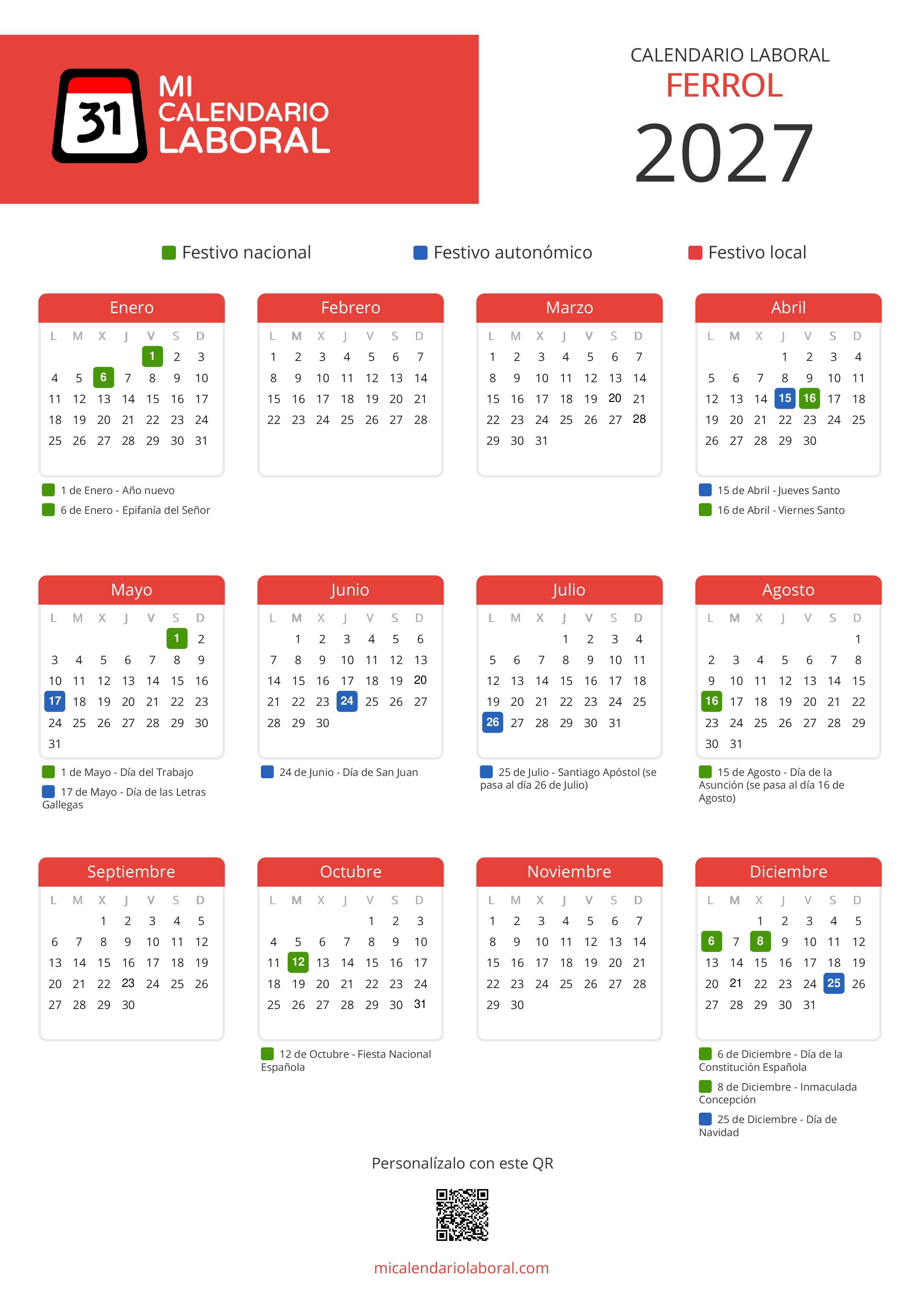 Calendario Laboral de Ferrol 2027 - Feriados y puentes de Ferrol formato vertical