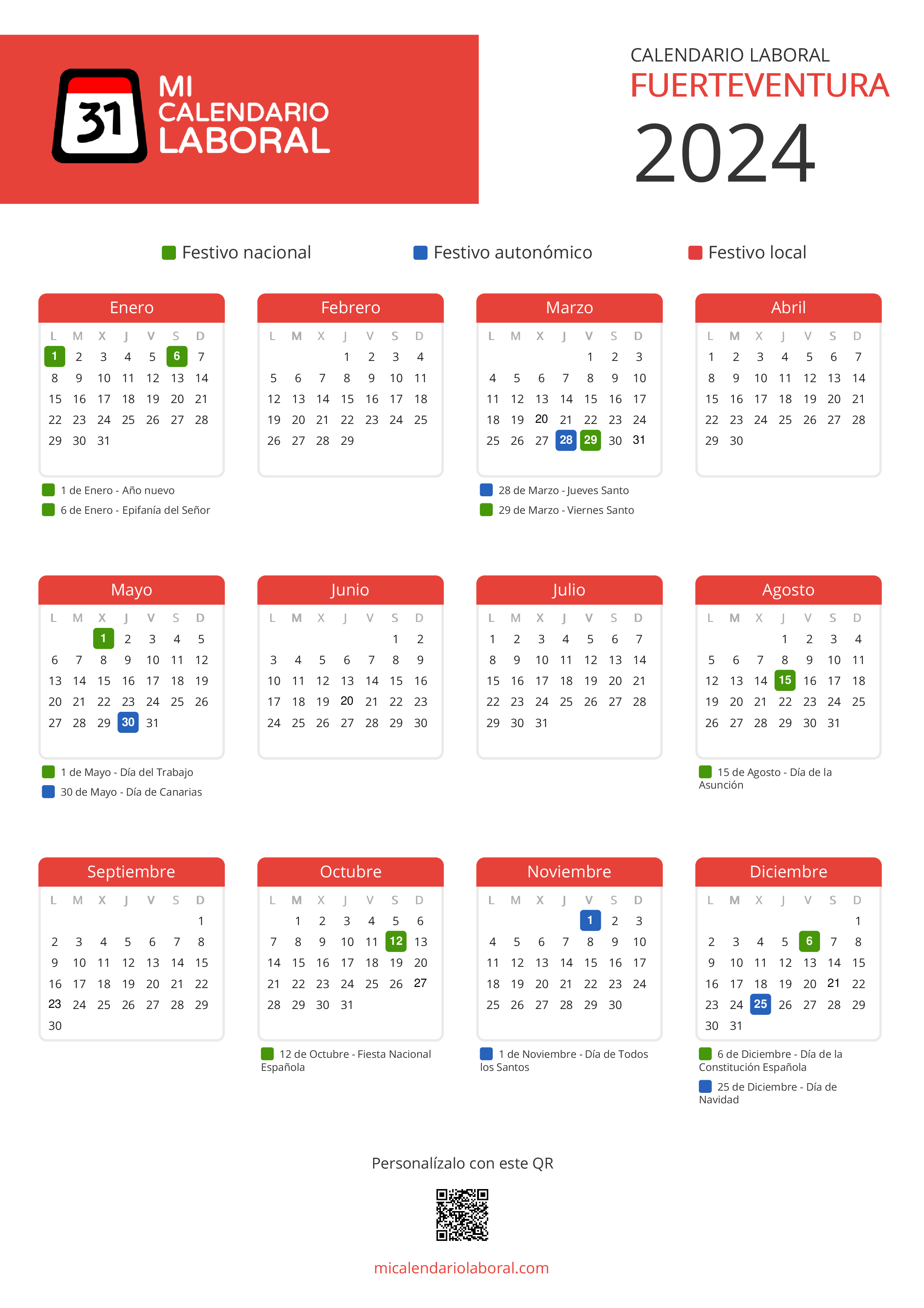 Calendario Laboral de Fuerteventura 2024 - Feriados y puentes de Fuerteventura formato vertical