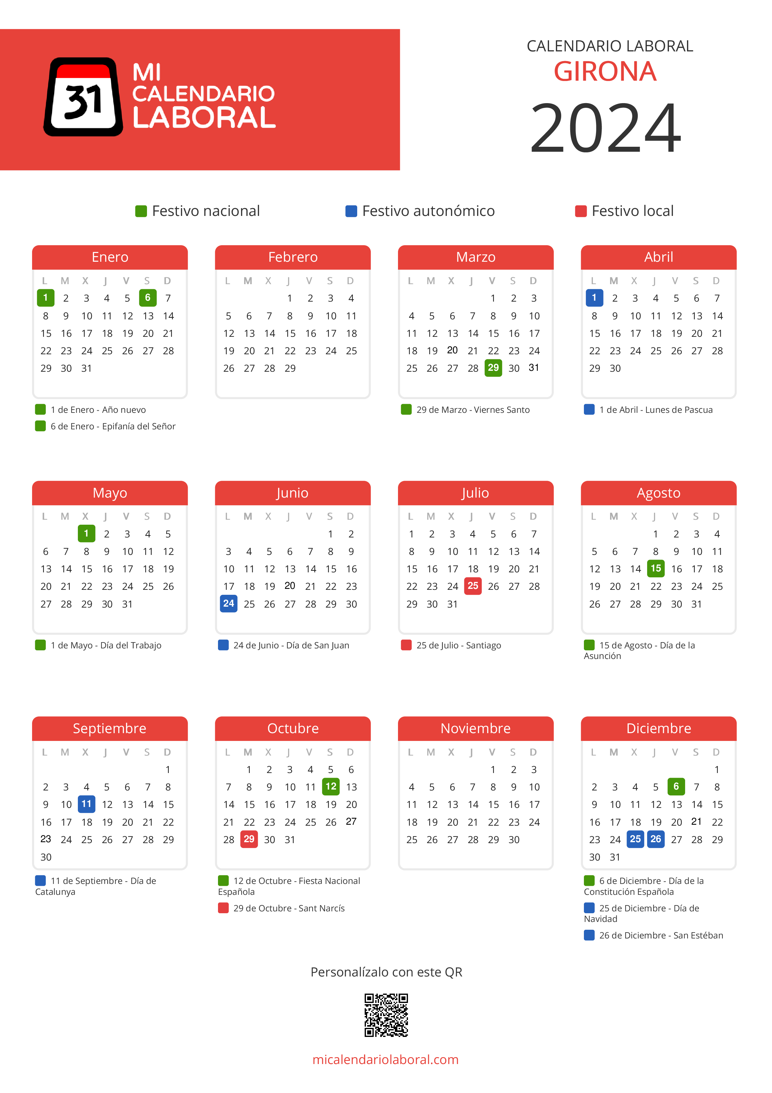 Calendario Laboral de Girona 2024 - Feriados y puentes de Girona formato vertical