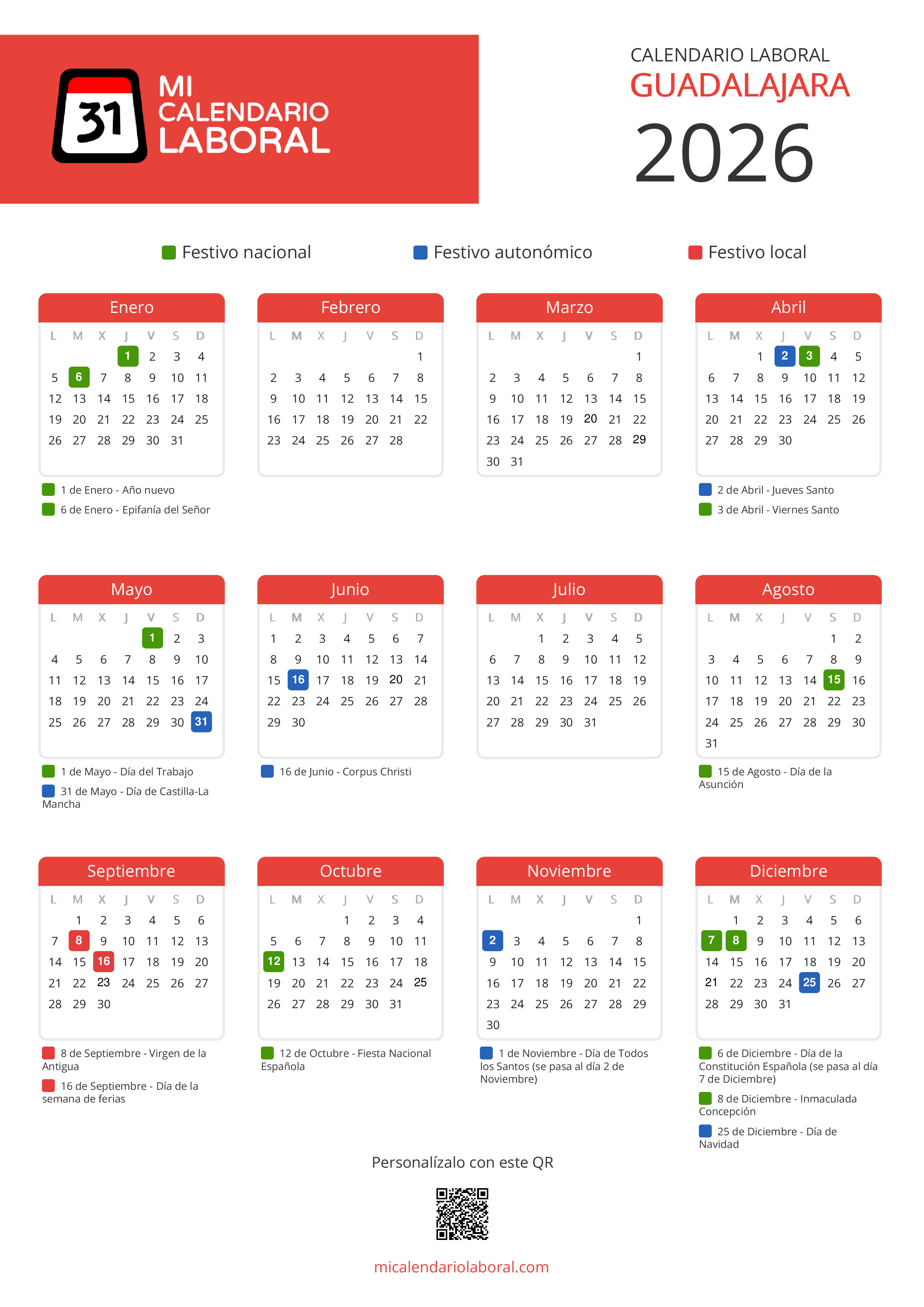 Calendario Laboral de Guadalajara 2026 - Feriados y puentes de Guadalajara formato vertical