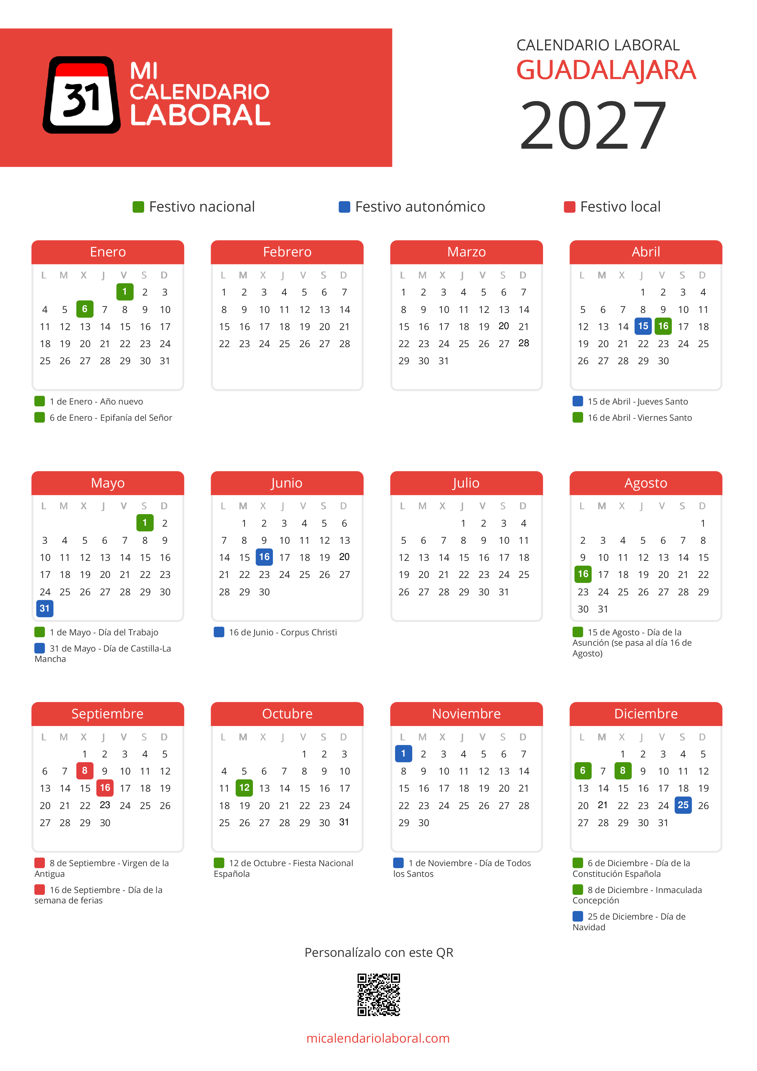 Calendario Laboral de Guadalajara 2027 - Feriados y puentes de Guadalajara formato vertical