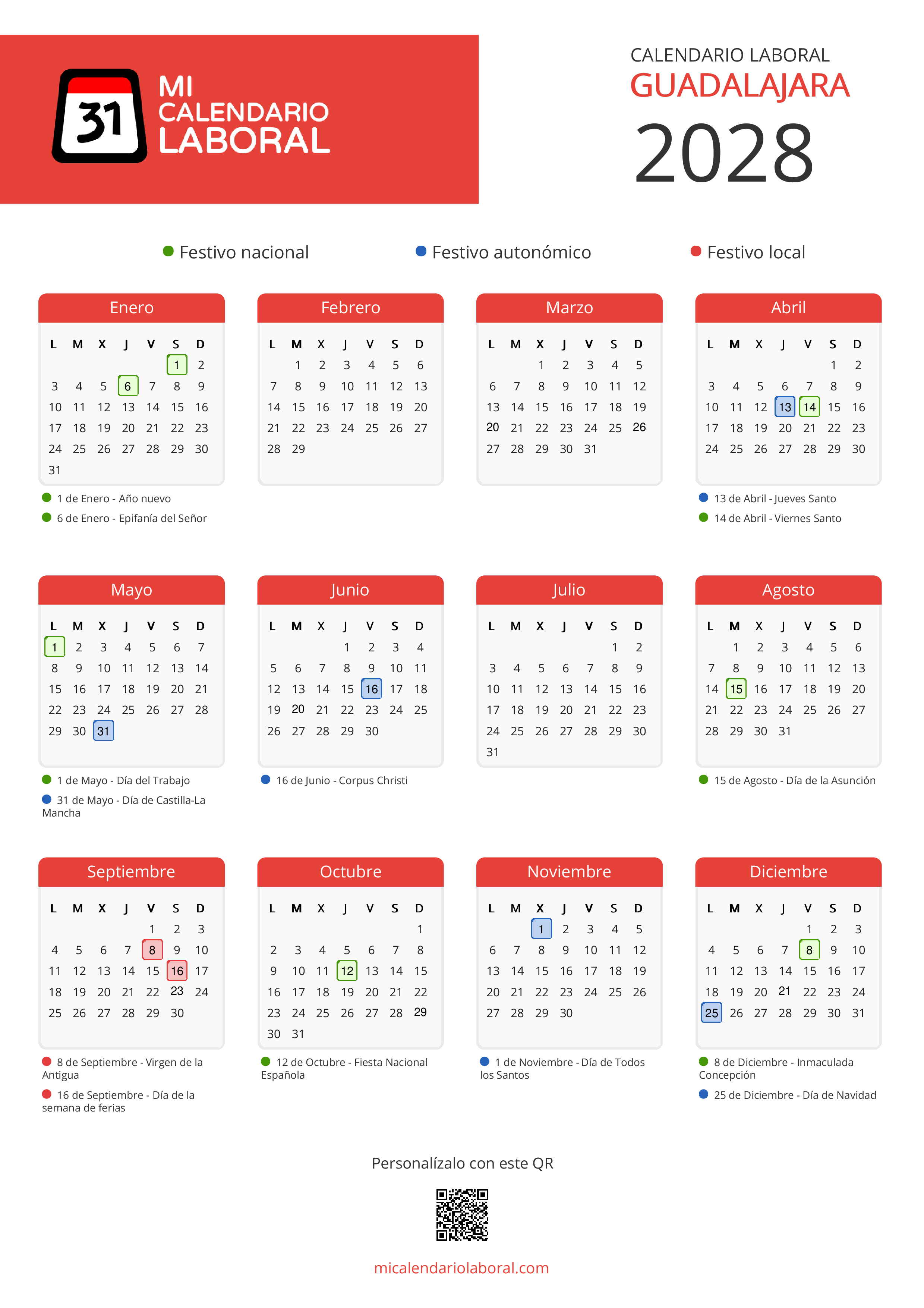 Calendario Laboral de Guadalajara 2028 - Feriados y puentes de Guadalajara formato vertical