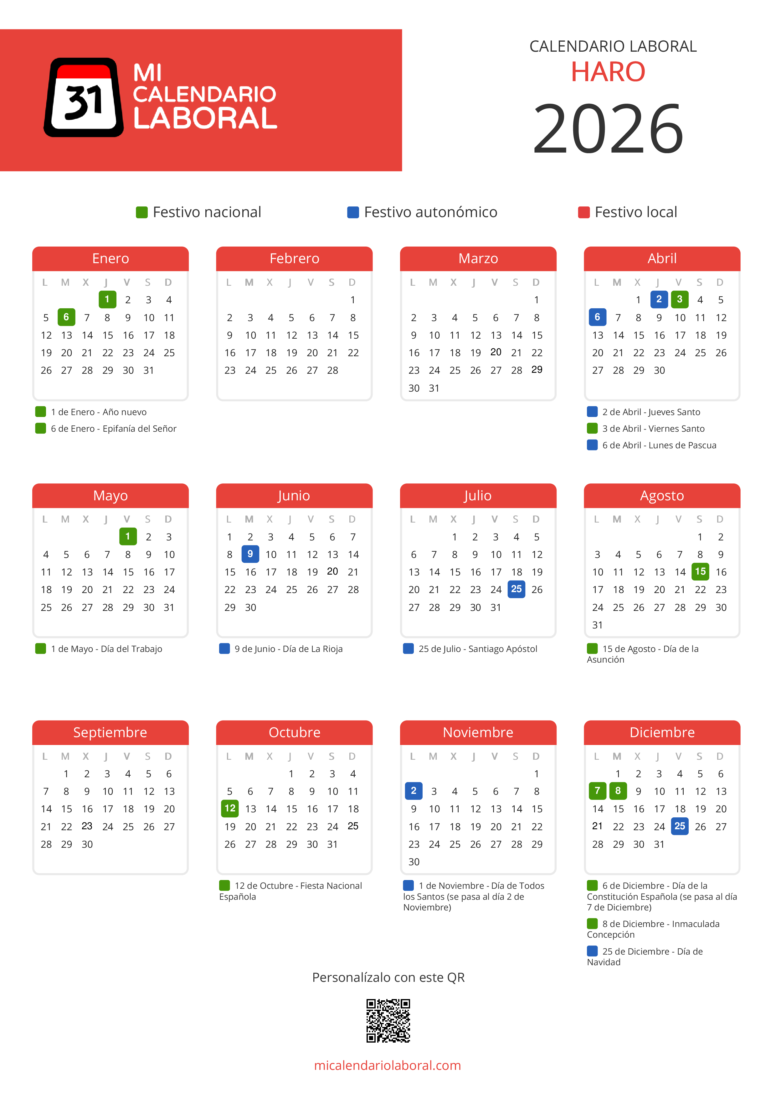 Calendario Laboral de Haro 2026 - Feriados y puentes de Haro formato vertical