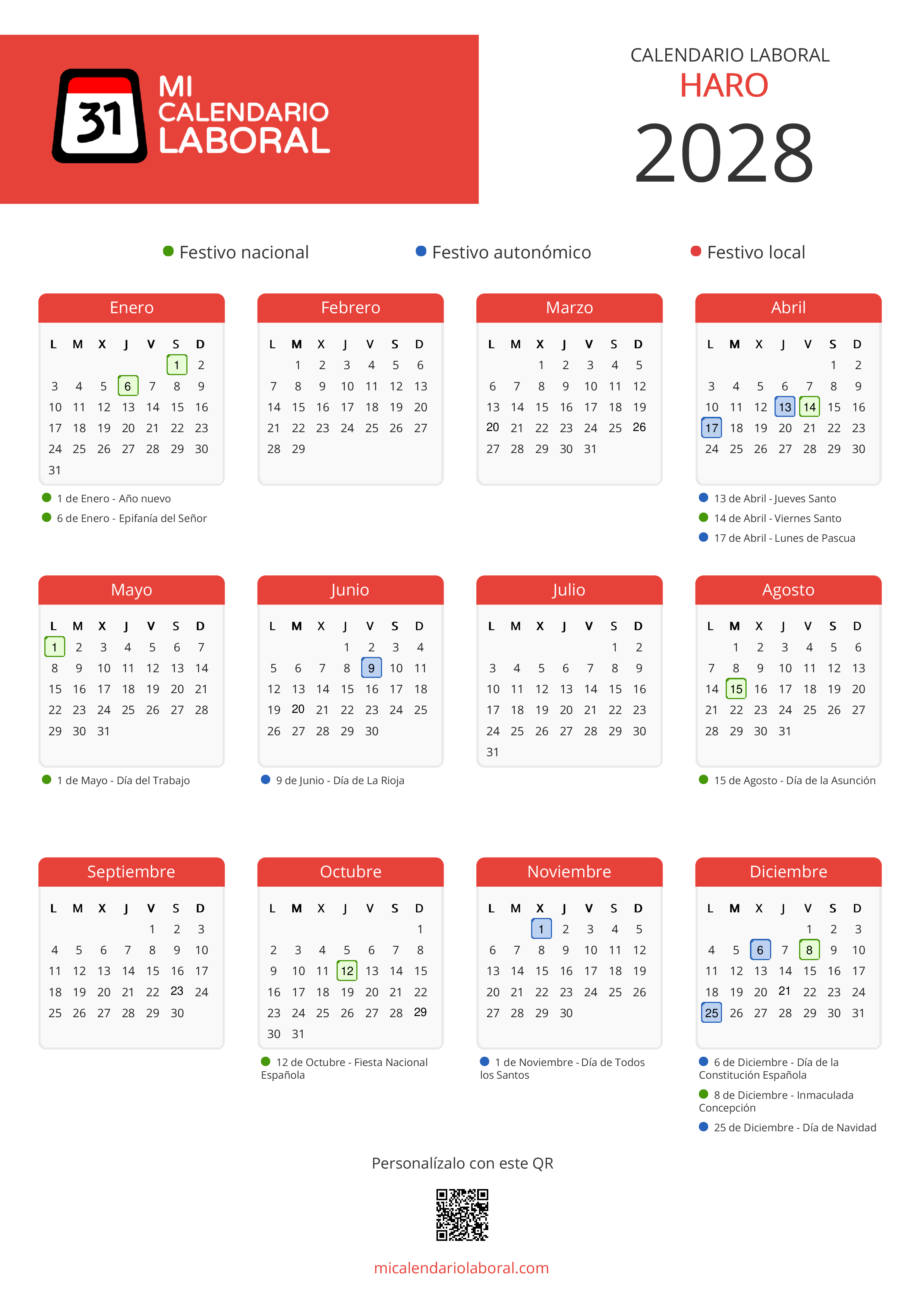 Calendario Laboral de Haro 2028 - Feriados y puentes de Haro formato vertical