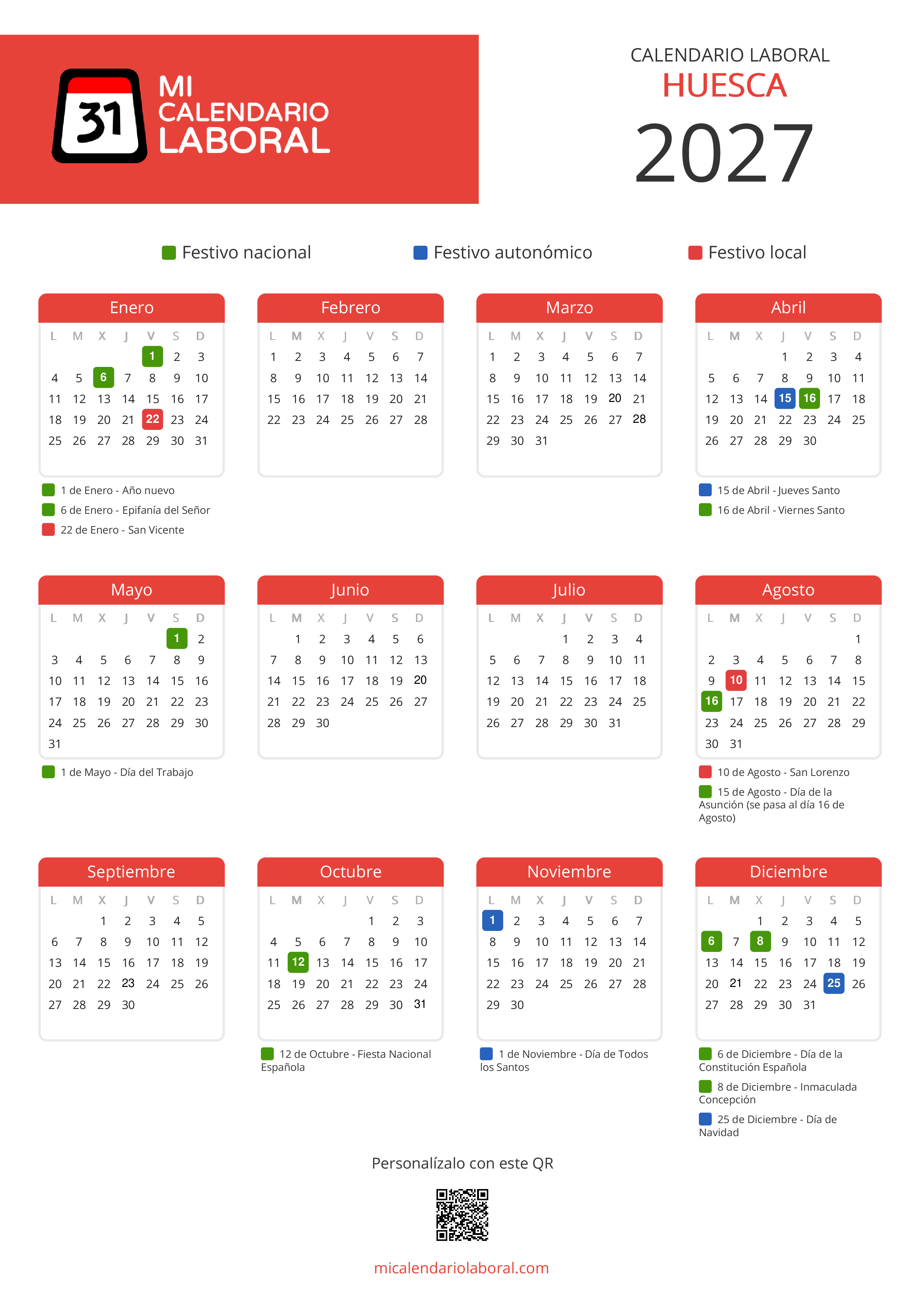 Calendario Laboral de Huesca 2027 - Feriados y puentes de Huesca formato vertical