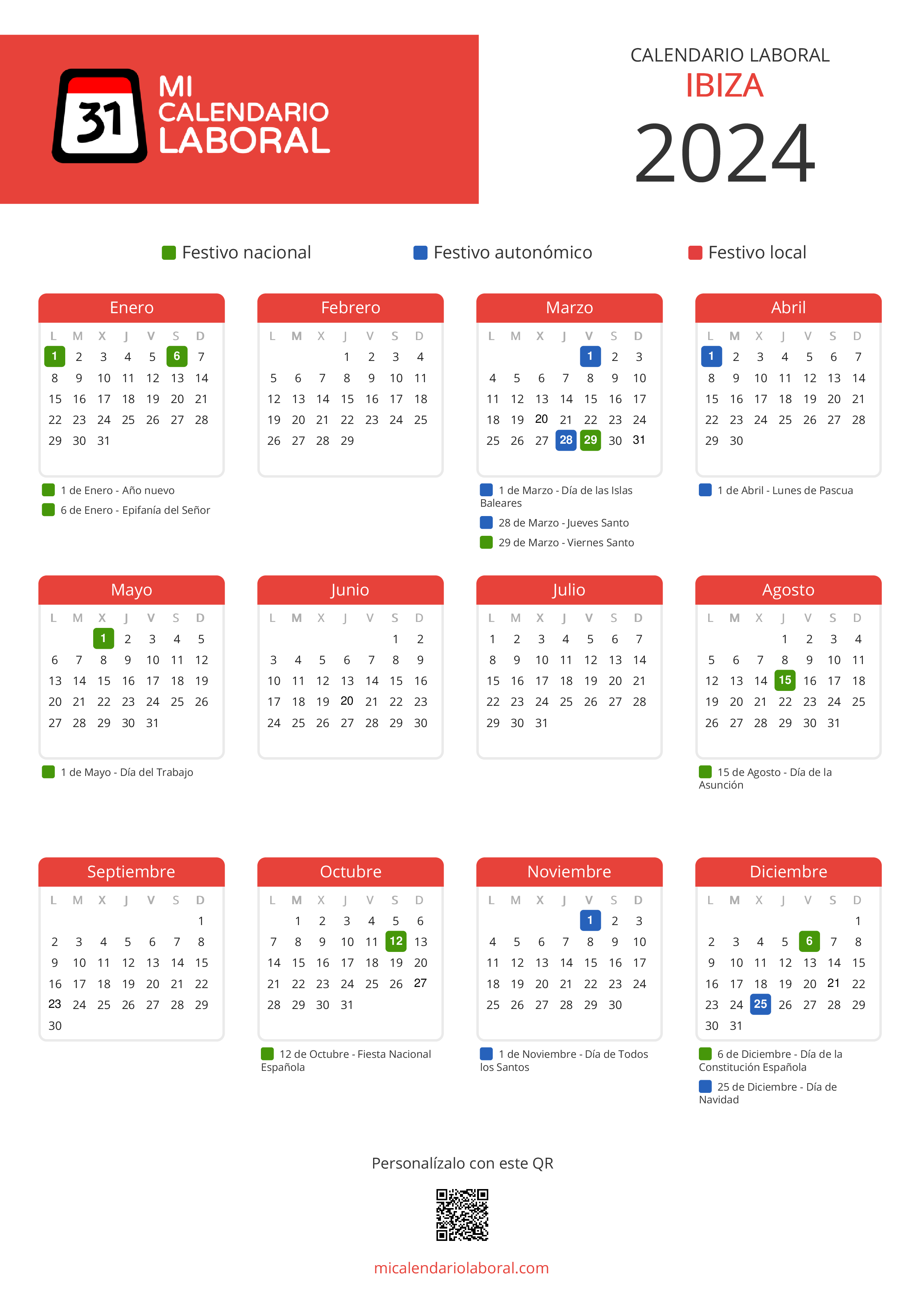 Calendario Laboral de Ibiza 2024 - Feriados y puentes de Ibiza formato vertical