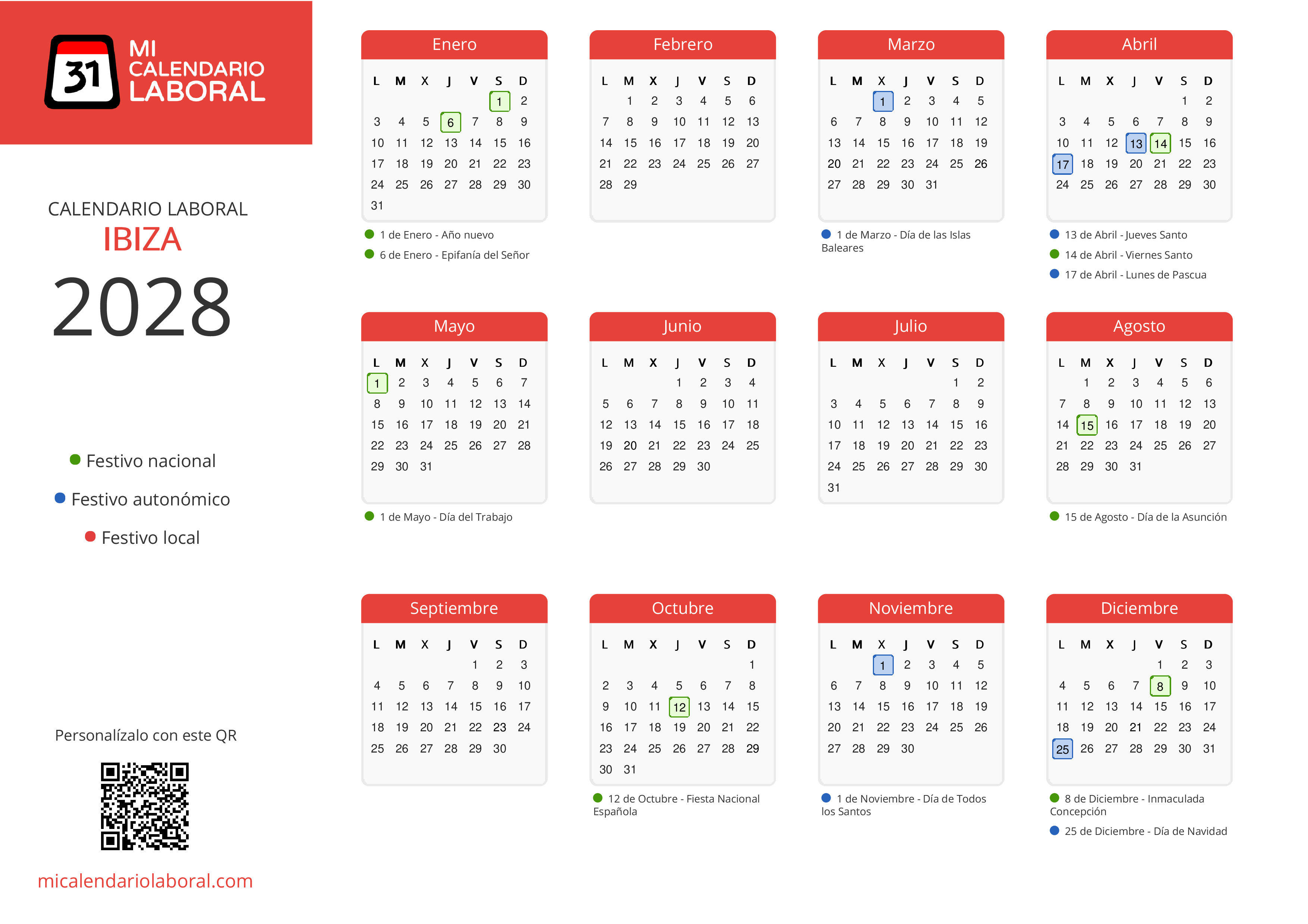 Calendario Laboral de Ibiza 2028 - Feriados y puentes de Ibiza