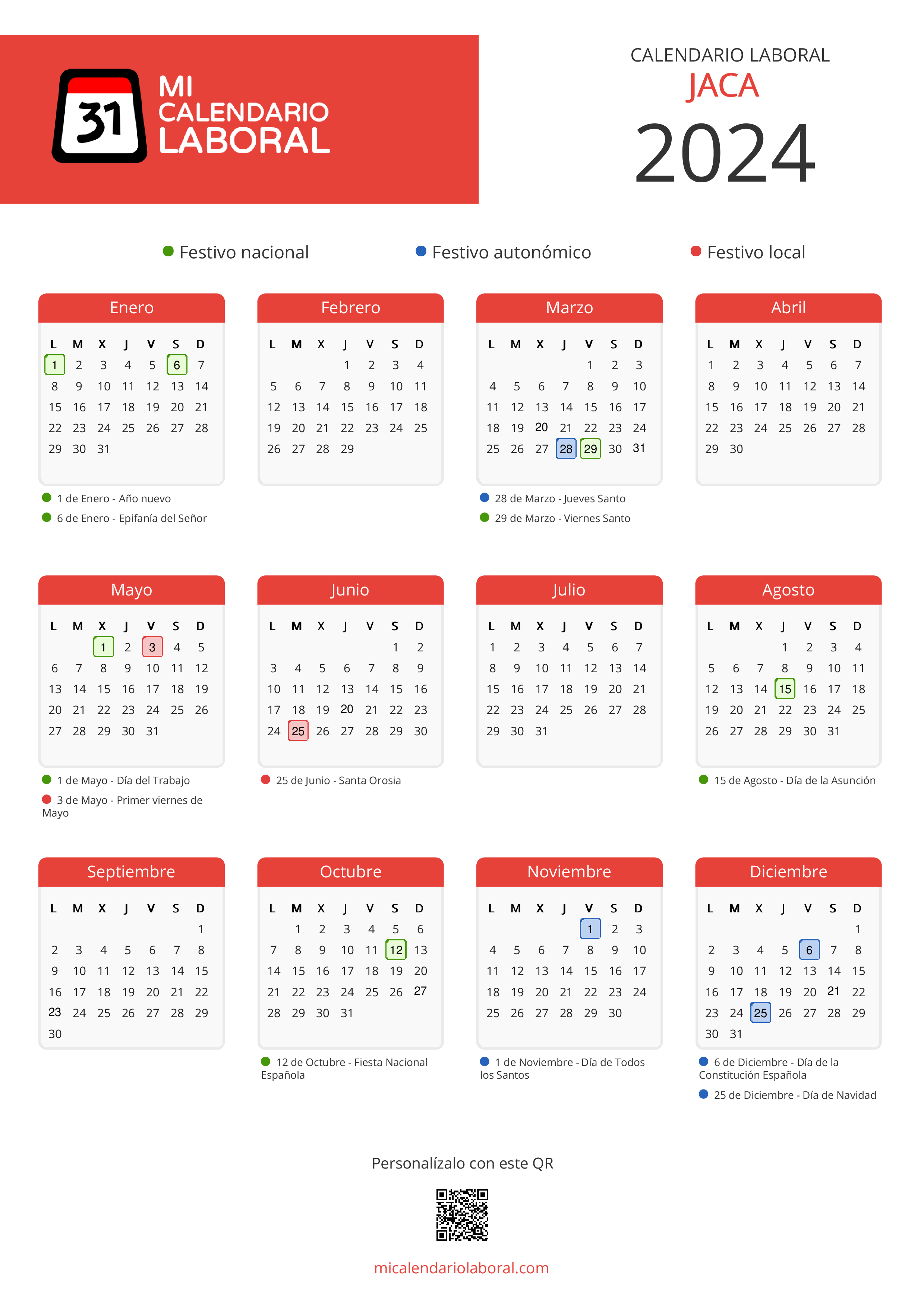 Calendario Laboral de Jaca 2024 - Feriados y puentes de Jaca formato vertical