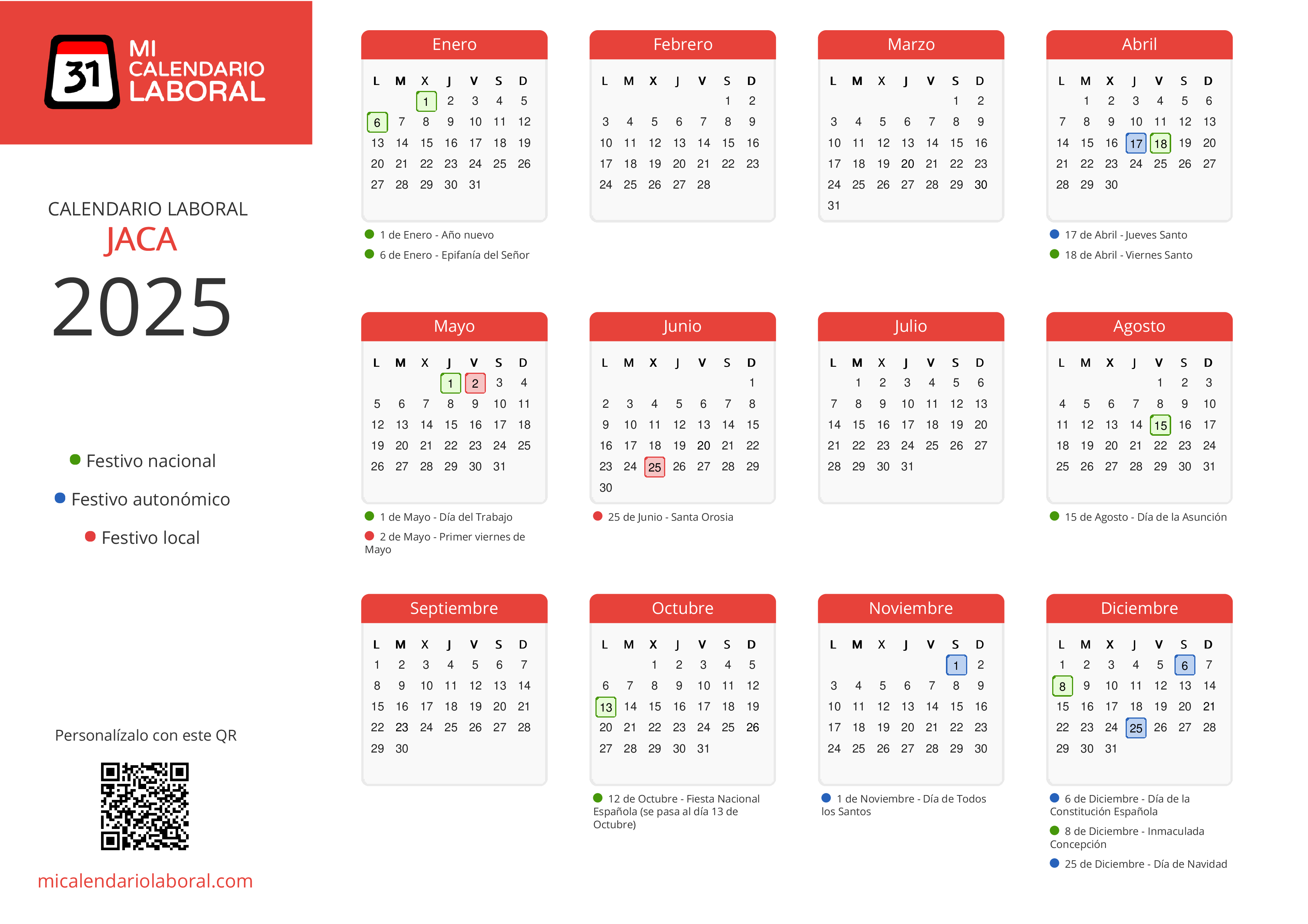 Calendario Laboral de Jaca 2025 - Feriados y puentes de Jaca