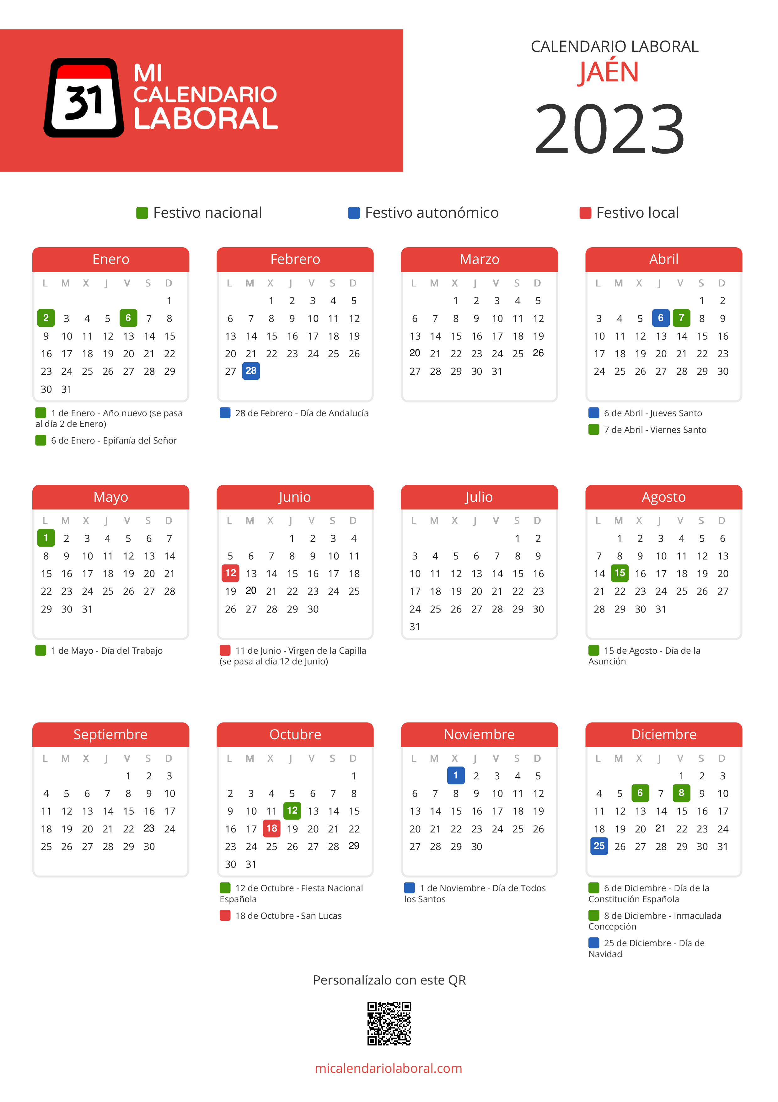 Calendario Laboral de Jaén 2023 - Feriados y puentes de Jaén formato vertical