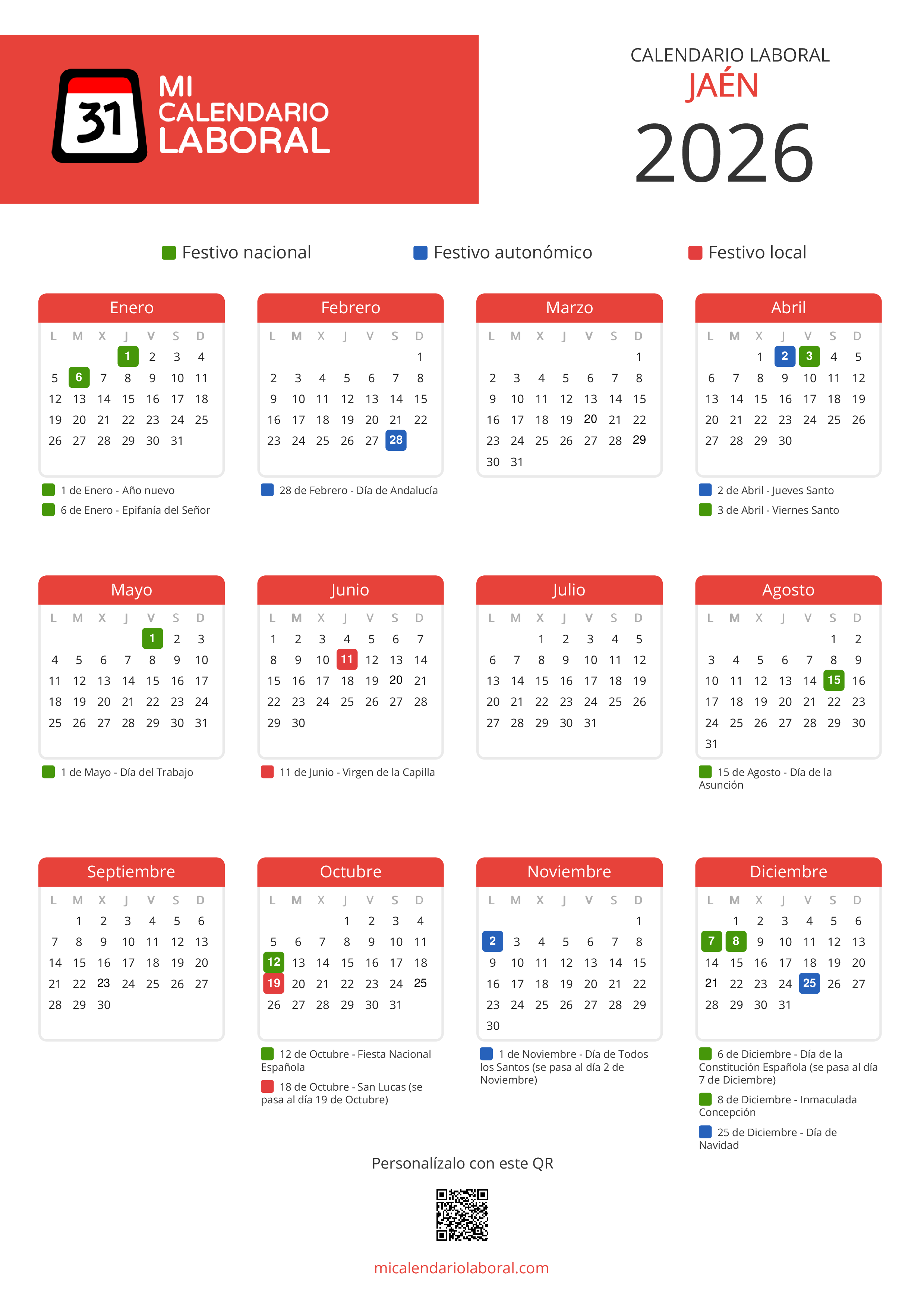 Calendario Laboral de Jaén 2026 - Feriados y puentes de Jaén formato vertical