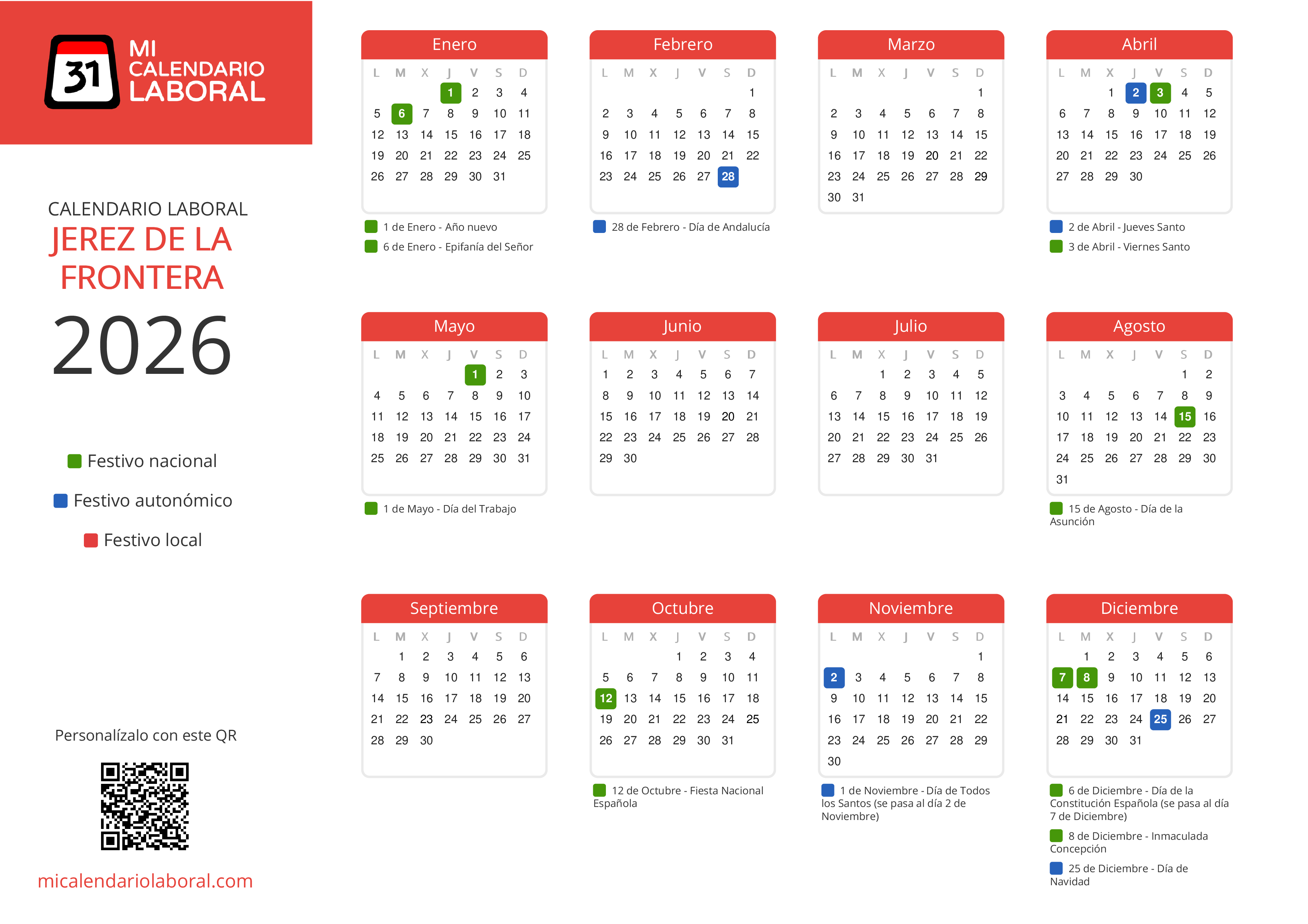 Calendario Laboral de Jerez de la Frontera 2026 - Feriados y puentes de Jerez de la Frontera