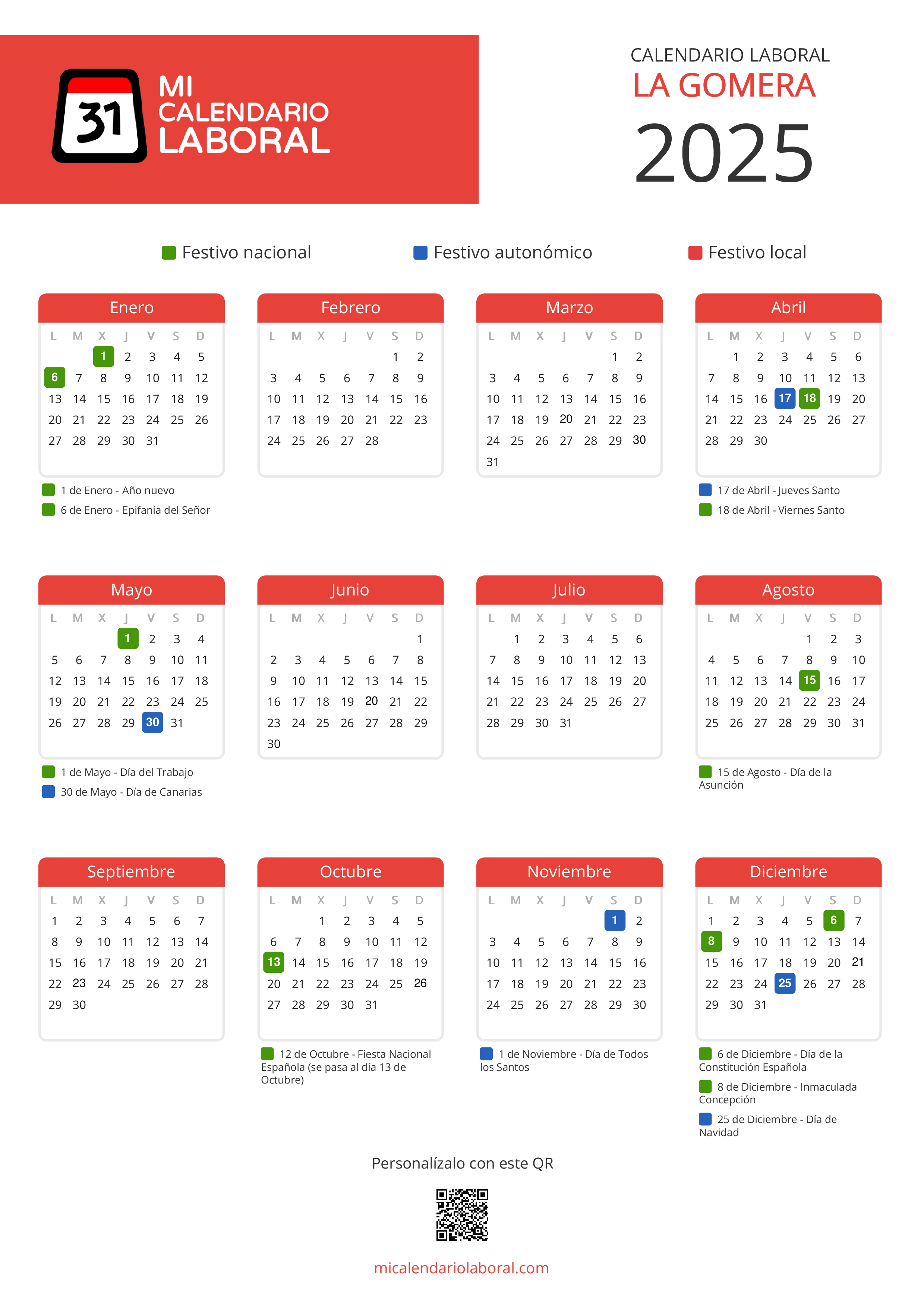 Calendario Laboral de La Gomera 2025 - Feriados y puentes de La Gomera formato vertical