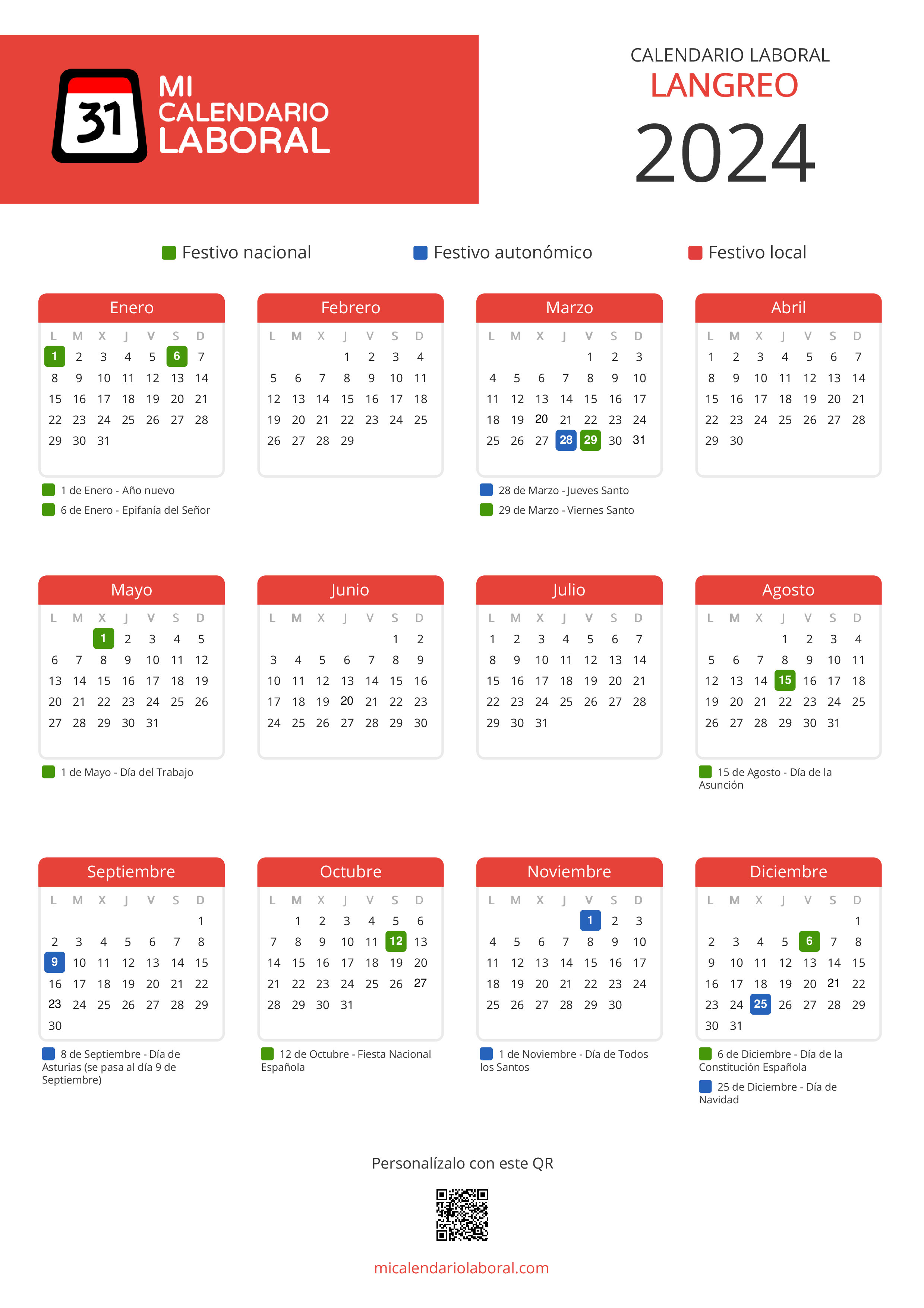 Calendario Laboral de Langreo 2024 - Feriados y puentes de Langreo formato vertical