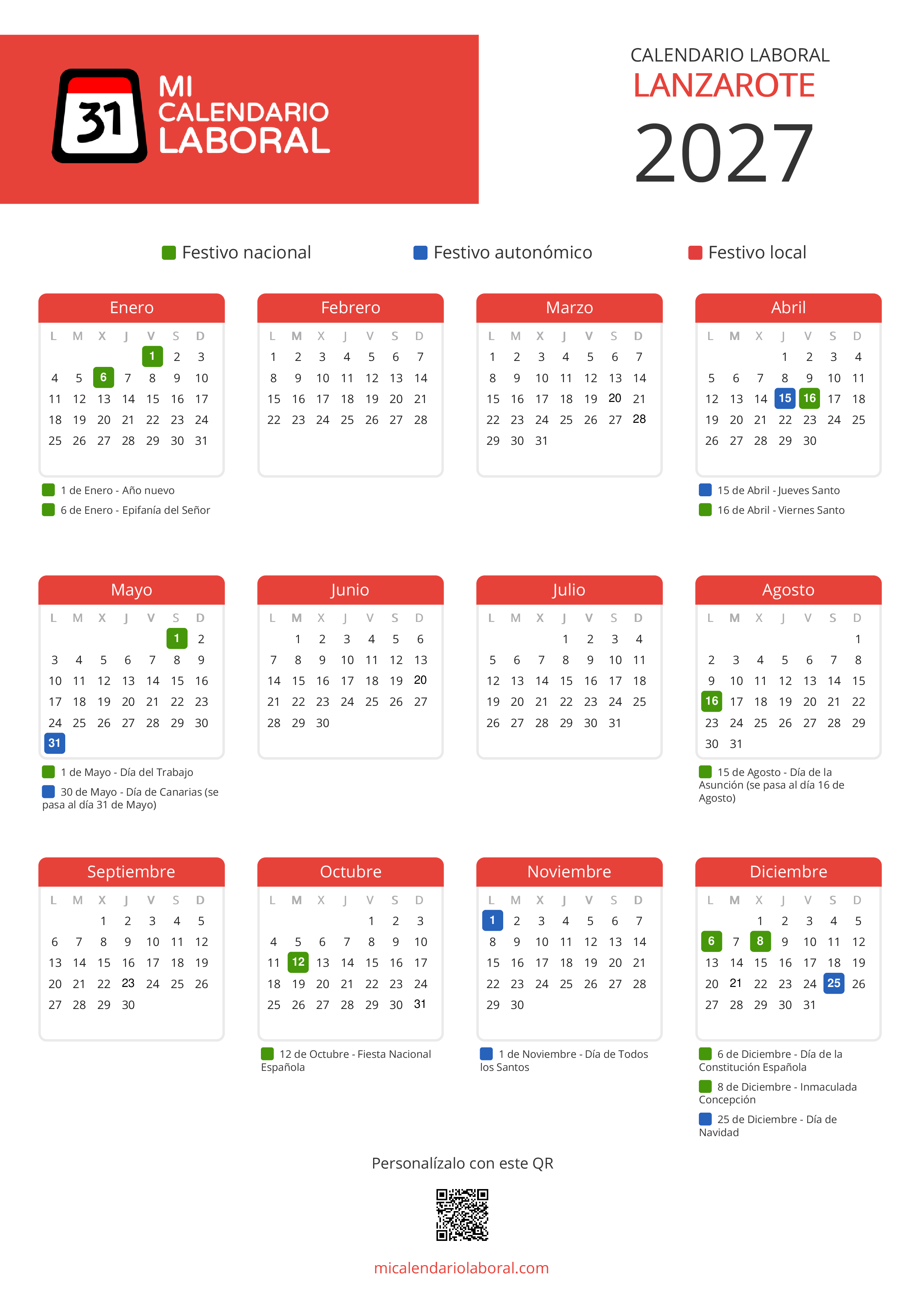 Calendario Laboral de Lanzarote 2027 - Feriados y puentes de Lanzarote formato vertical