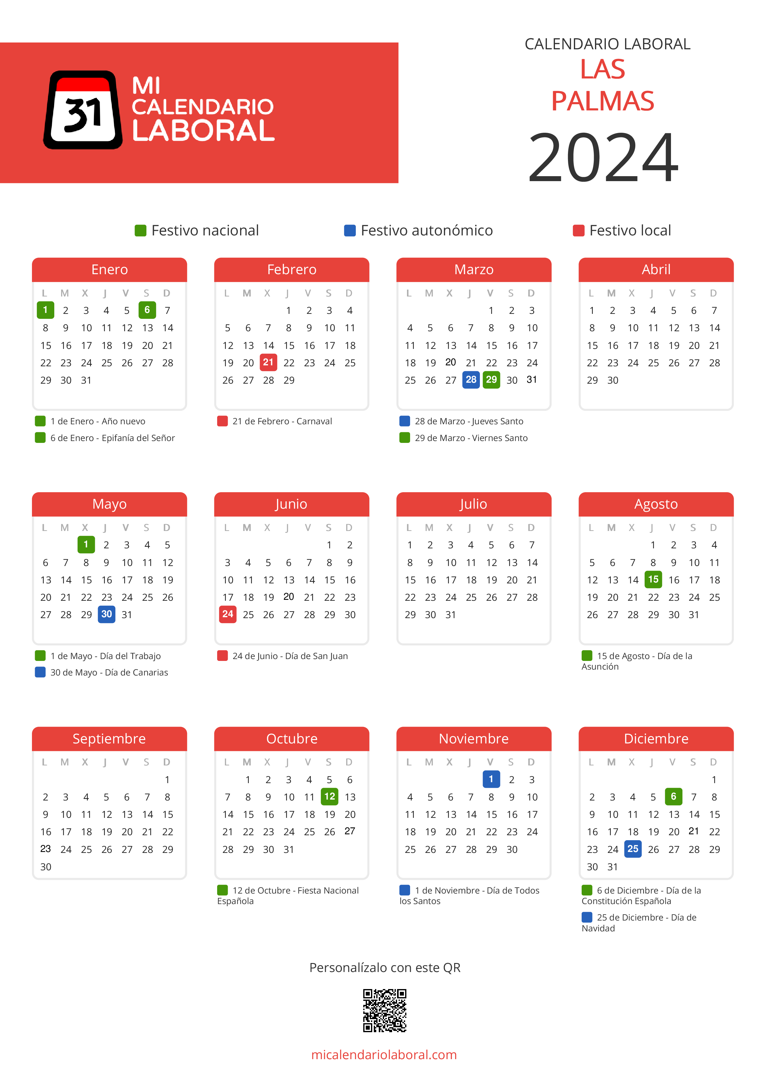 Calendario Laboral de Las Palmas 2024 - Feriados y puentes de Las Palmas formato vertical