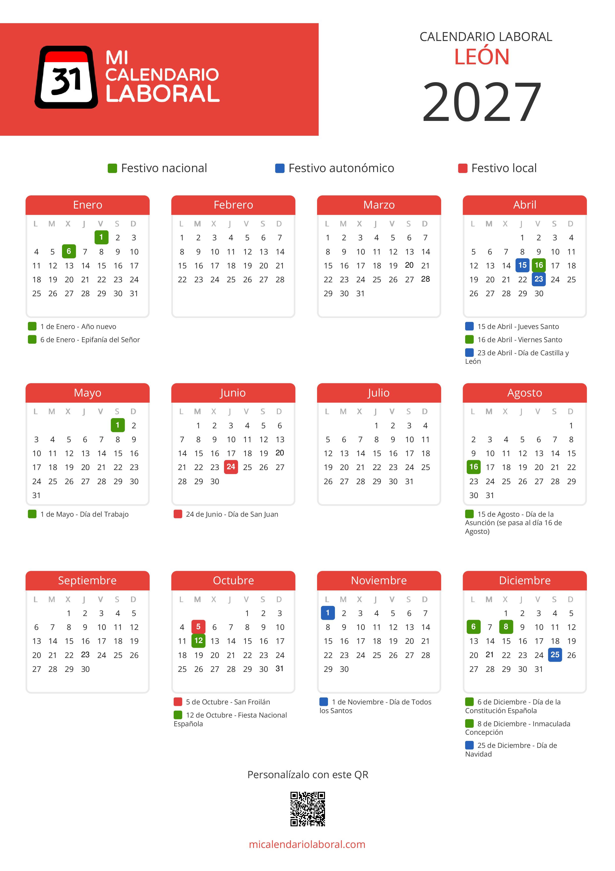 Calendario Laboral de León 2027 - Feriados y puentes de León formato vertical