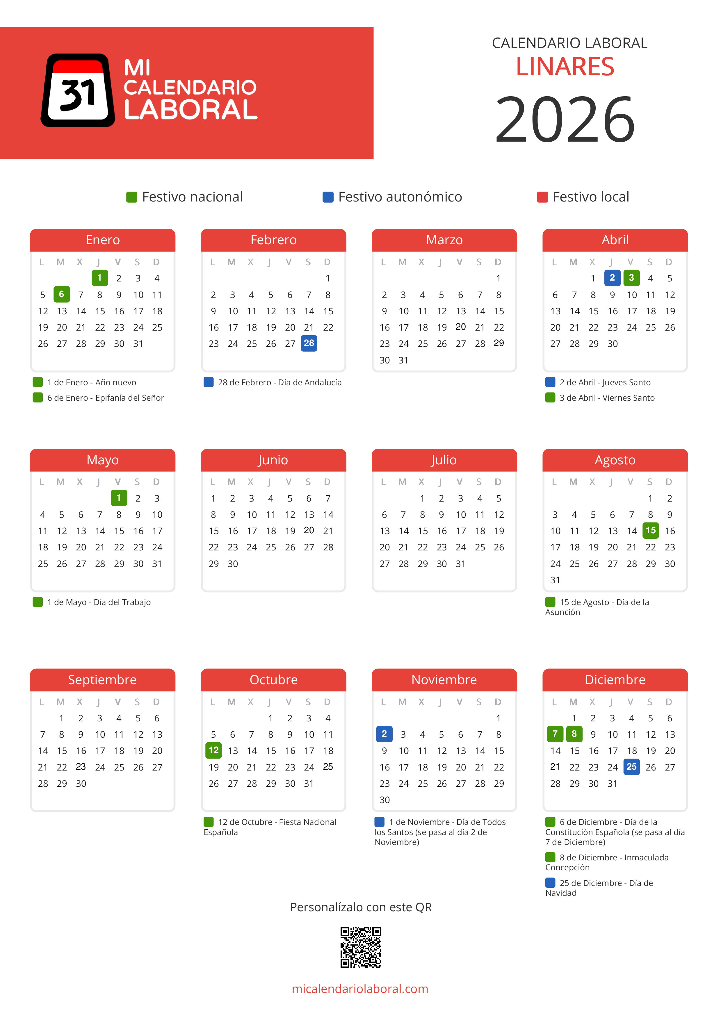 Calendario Laboral de Linares 2026 - Feriados y puentes de Linares formato vertical