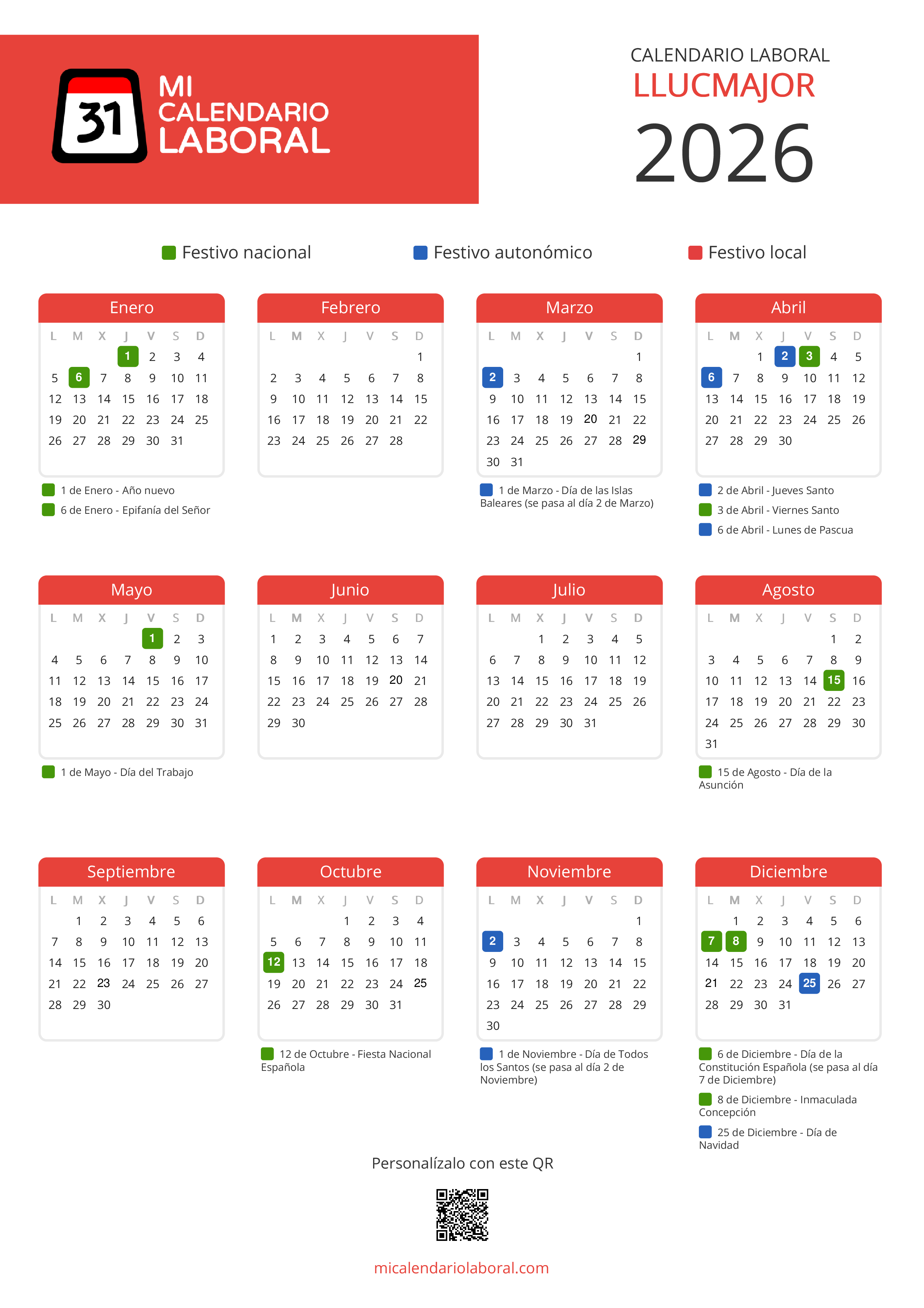 Calendario Laboral de Llucmajor 2026 - Feriados y puentes de Llucmajor formato vertical