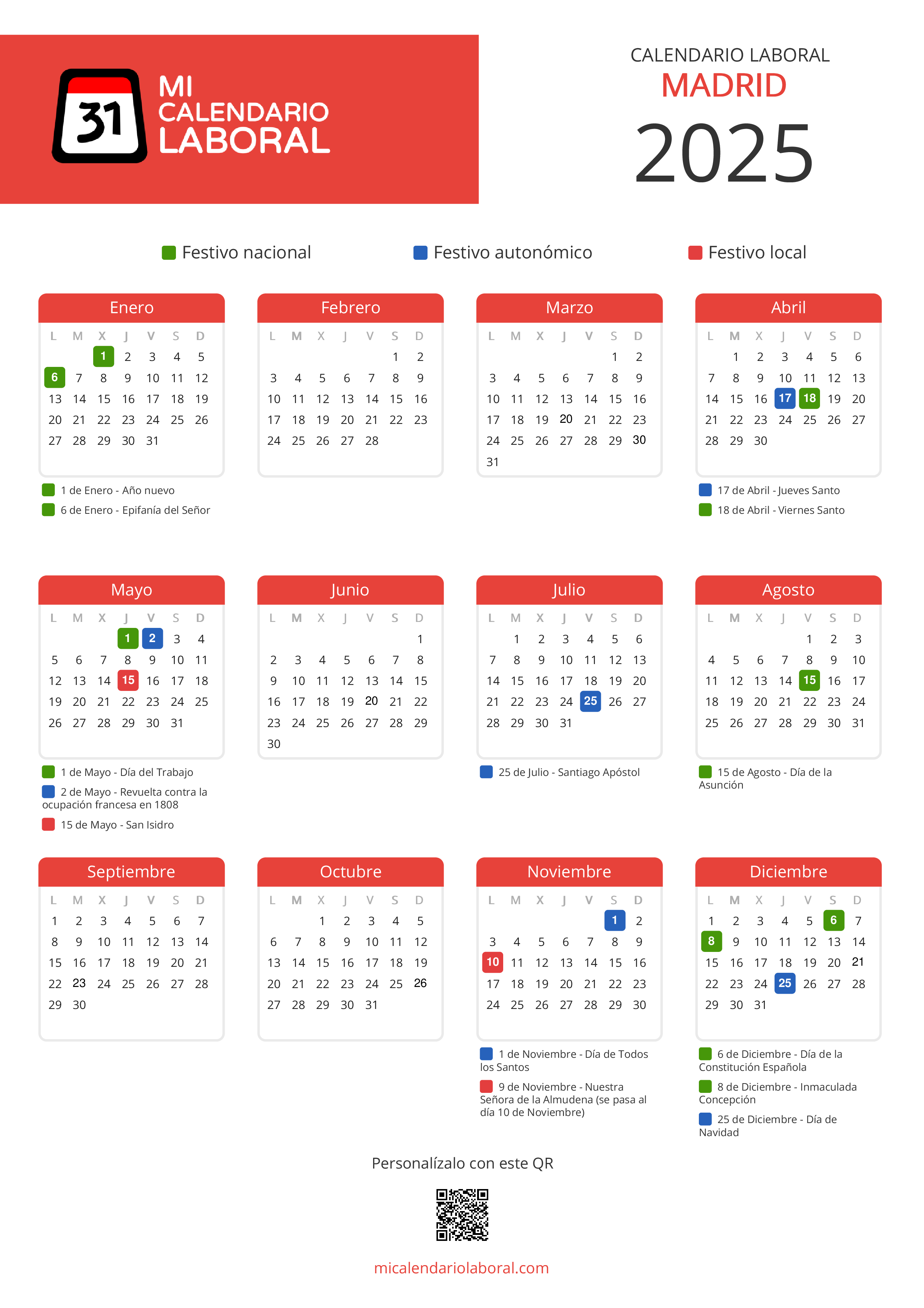 Calendario Laboral de Madrid 2025 - Feriados y puentes de Madrid formato vertical