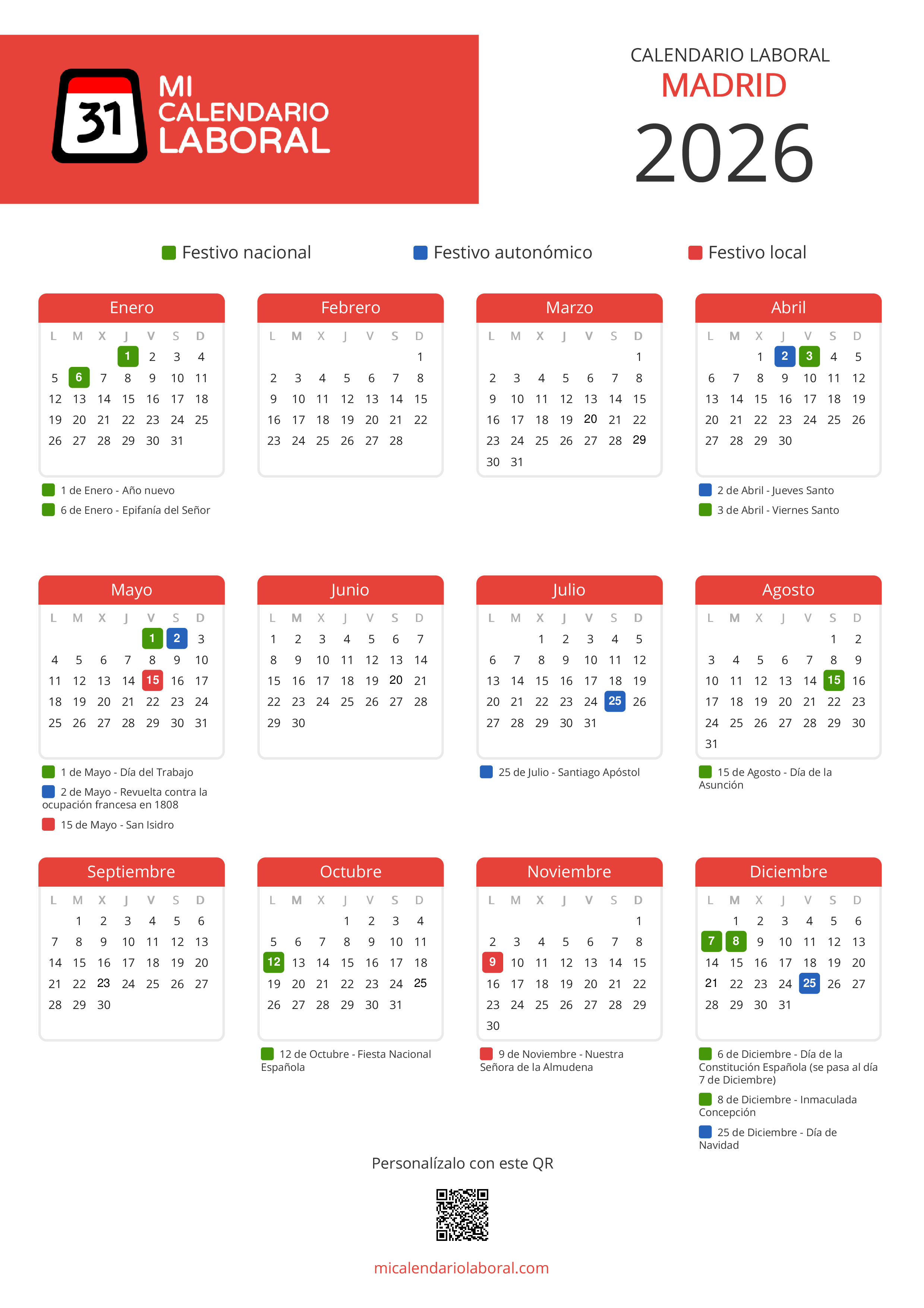 Calendario Laboral de Madrid 2026 - Feriados y puentes de Madrid formato vertical