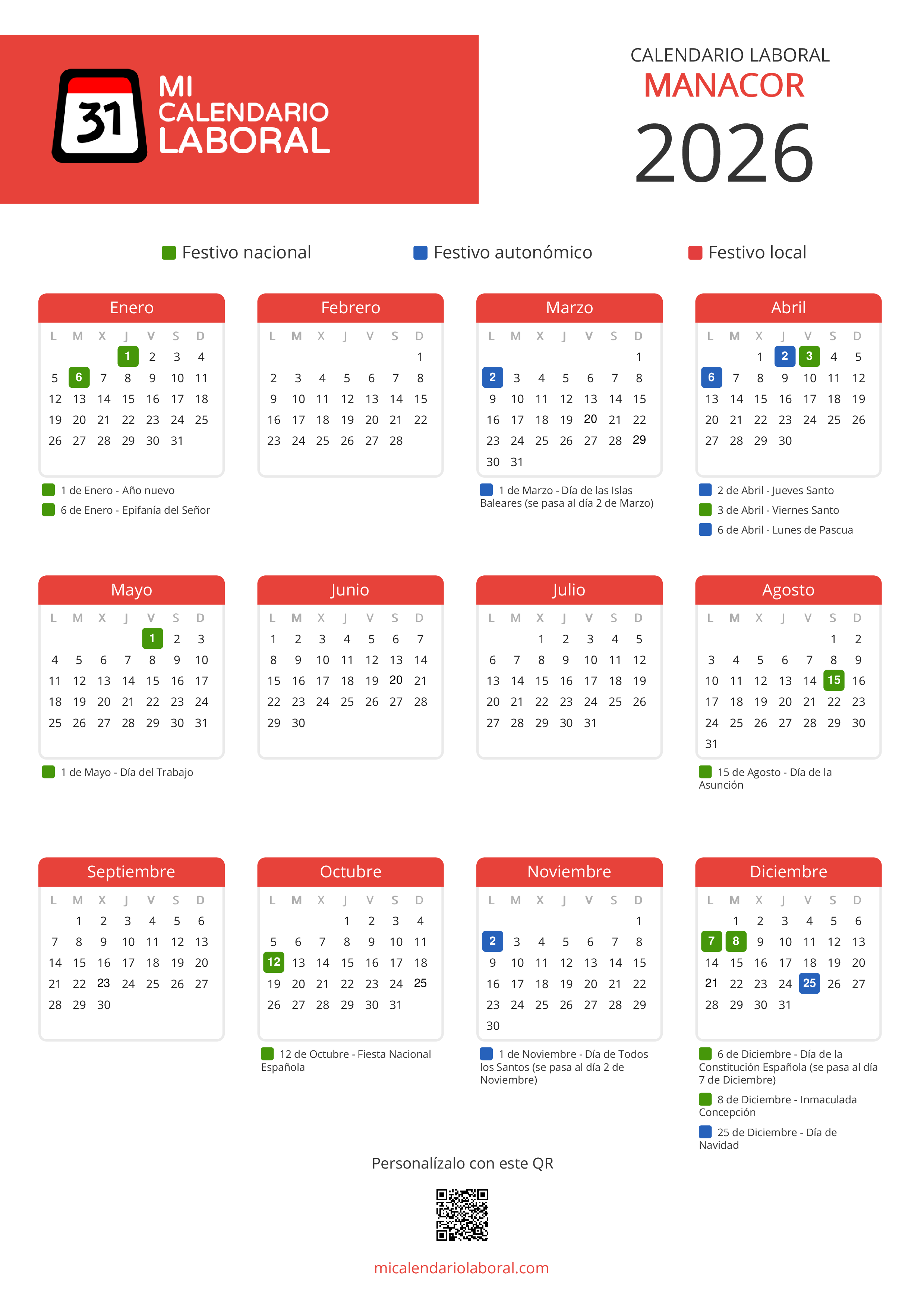 Calendario Laboral de Manacor 2026 - Feriados y puentes de Manacor formato vertical