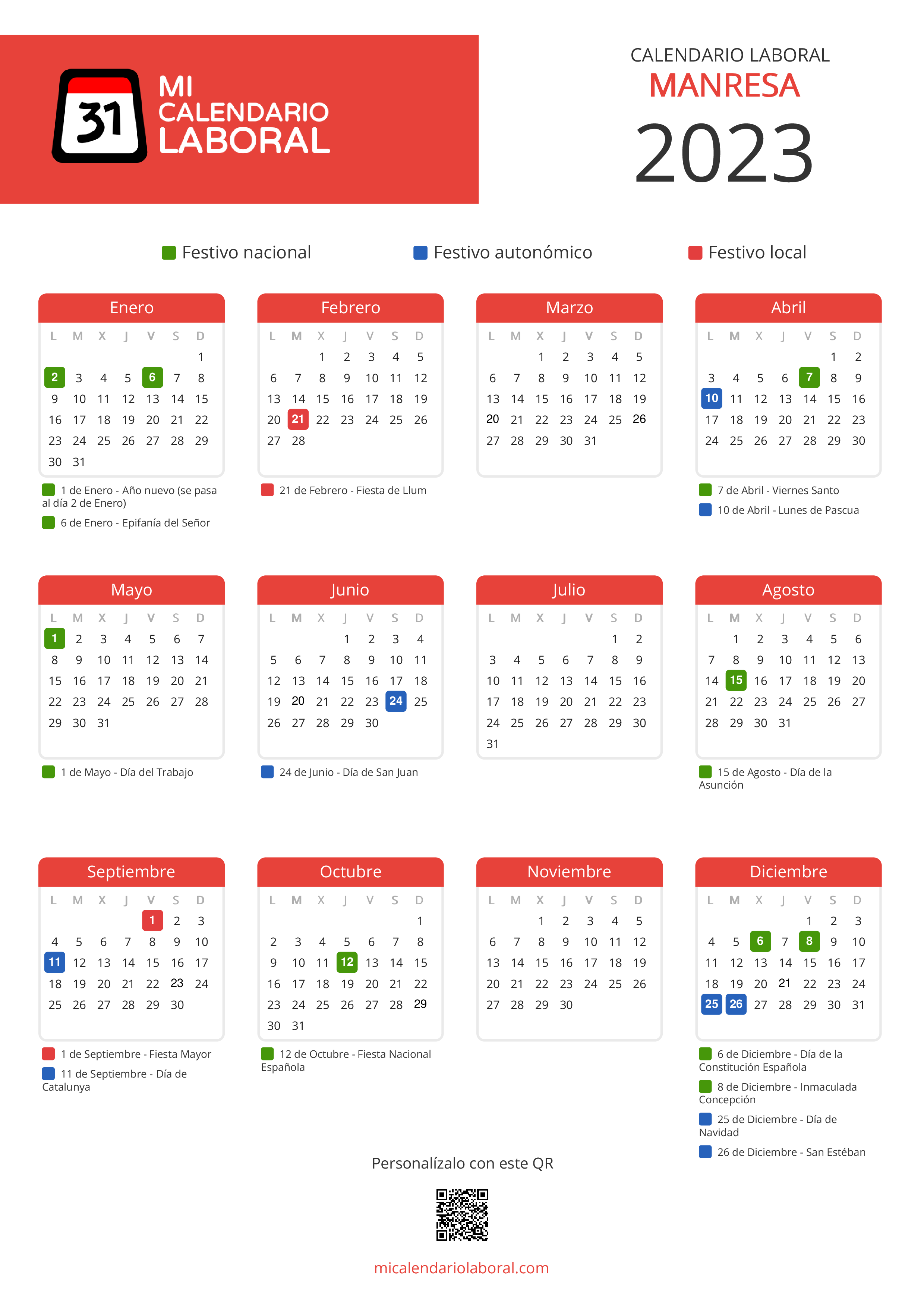 Calendario Laboral de Manresa 2023 - Feriados y puentes de Manresa formato vertical