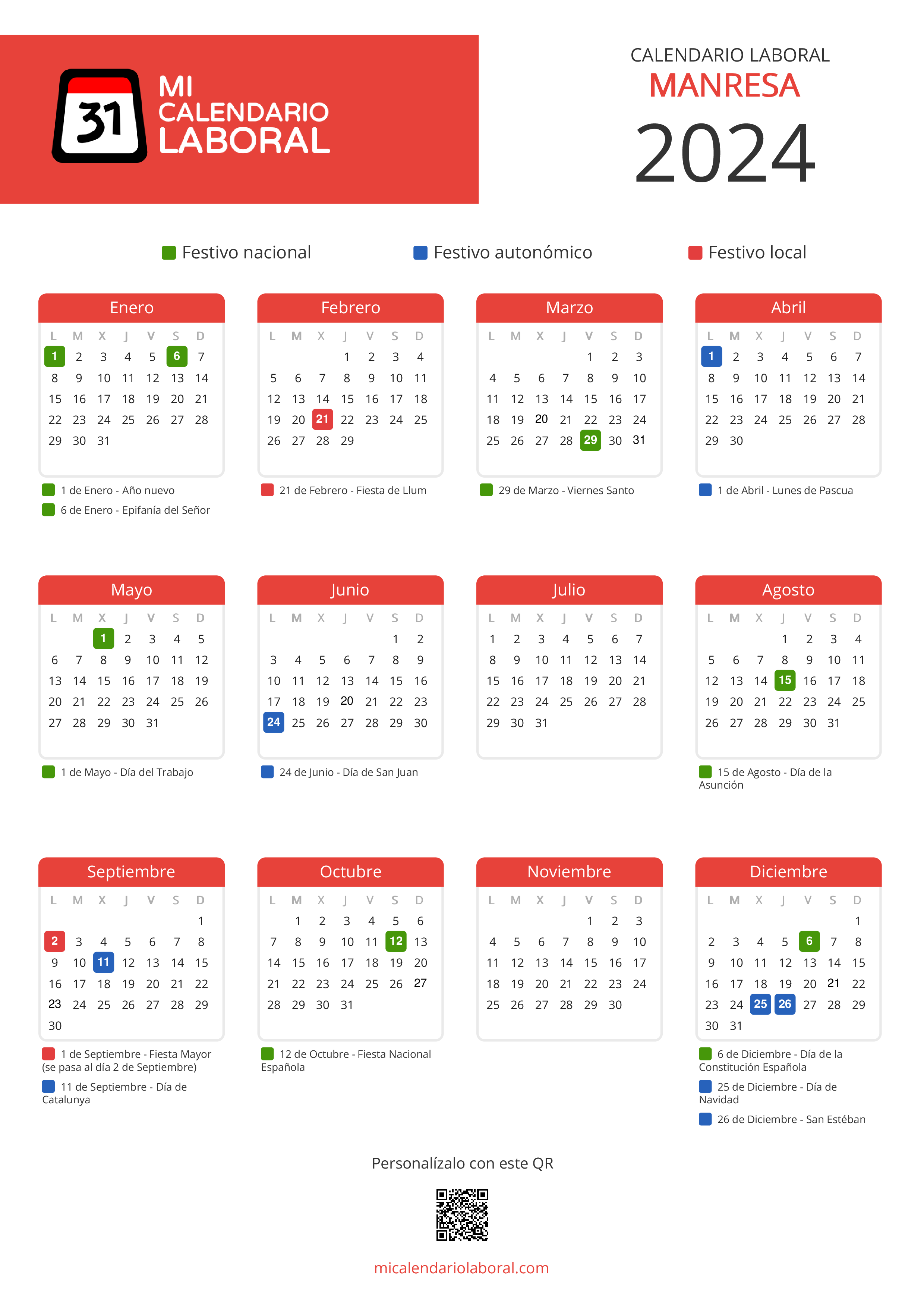 Calendario Laboral de Manresa 2024 - Feriados y puentes de Manresa formato vertical