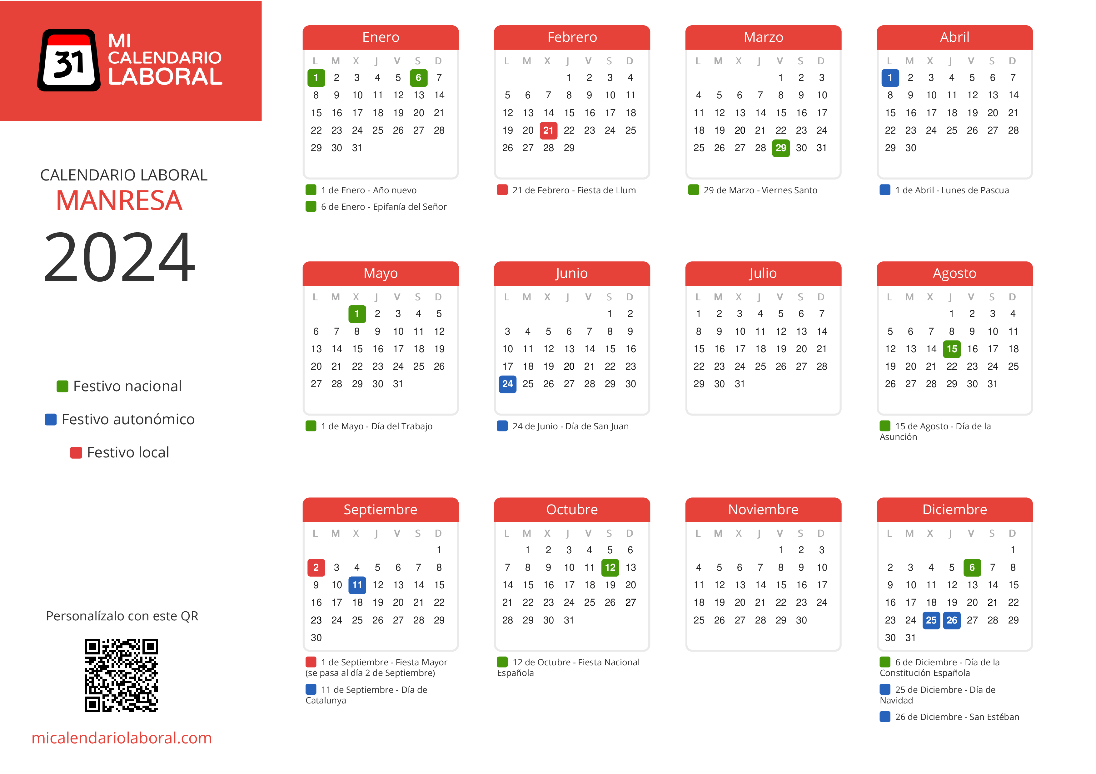 Calendario Laboral de Manresa 2024 - Feriados y puentes de Manresa