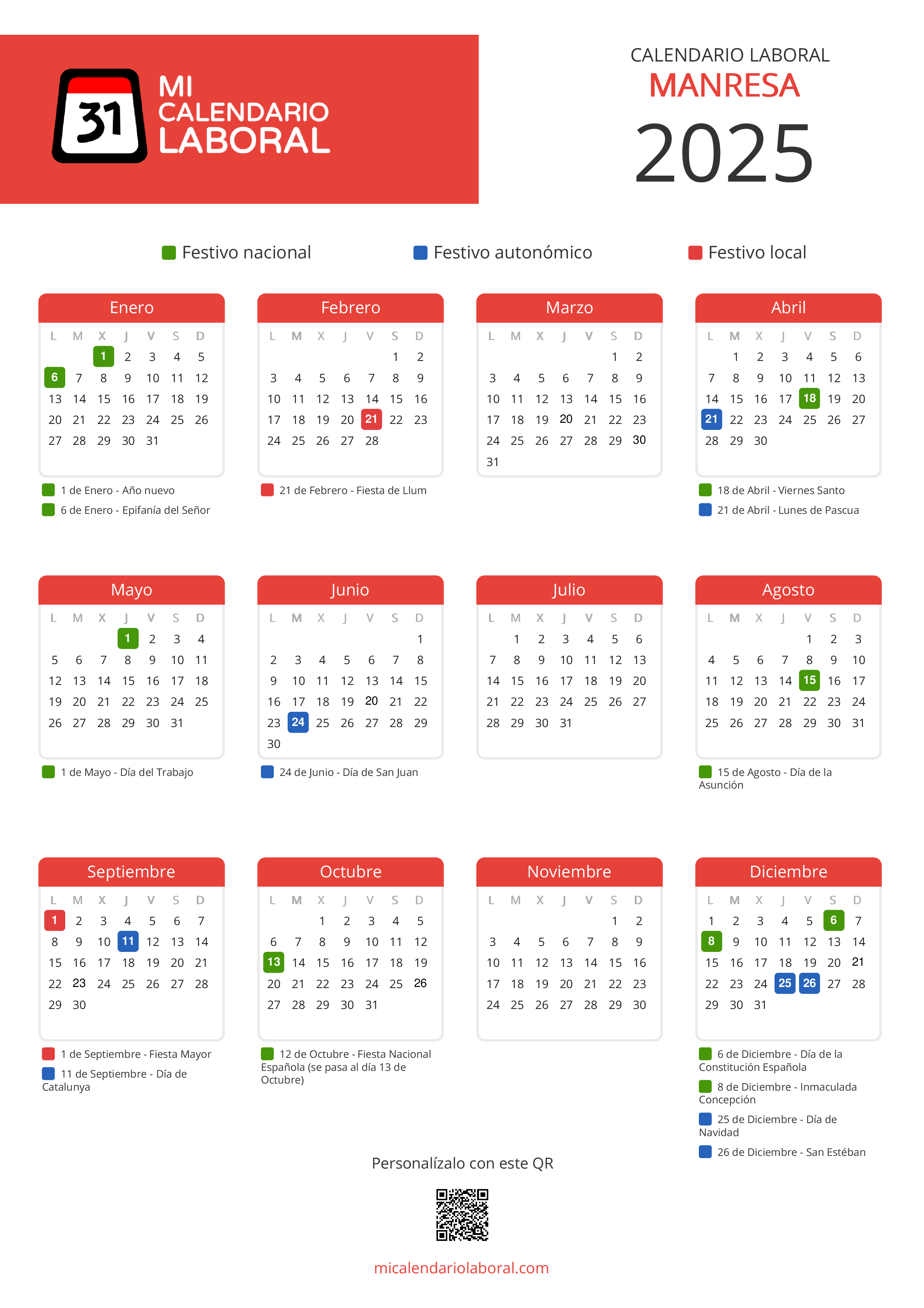 Calendario Laboral de Manresa 2025 - Feriados y puentes de Manresa formato vertical