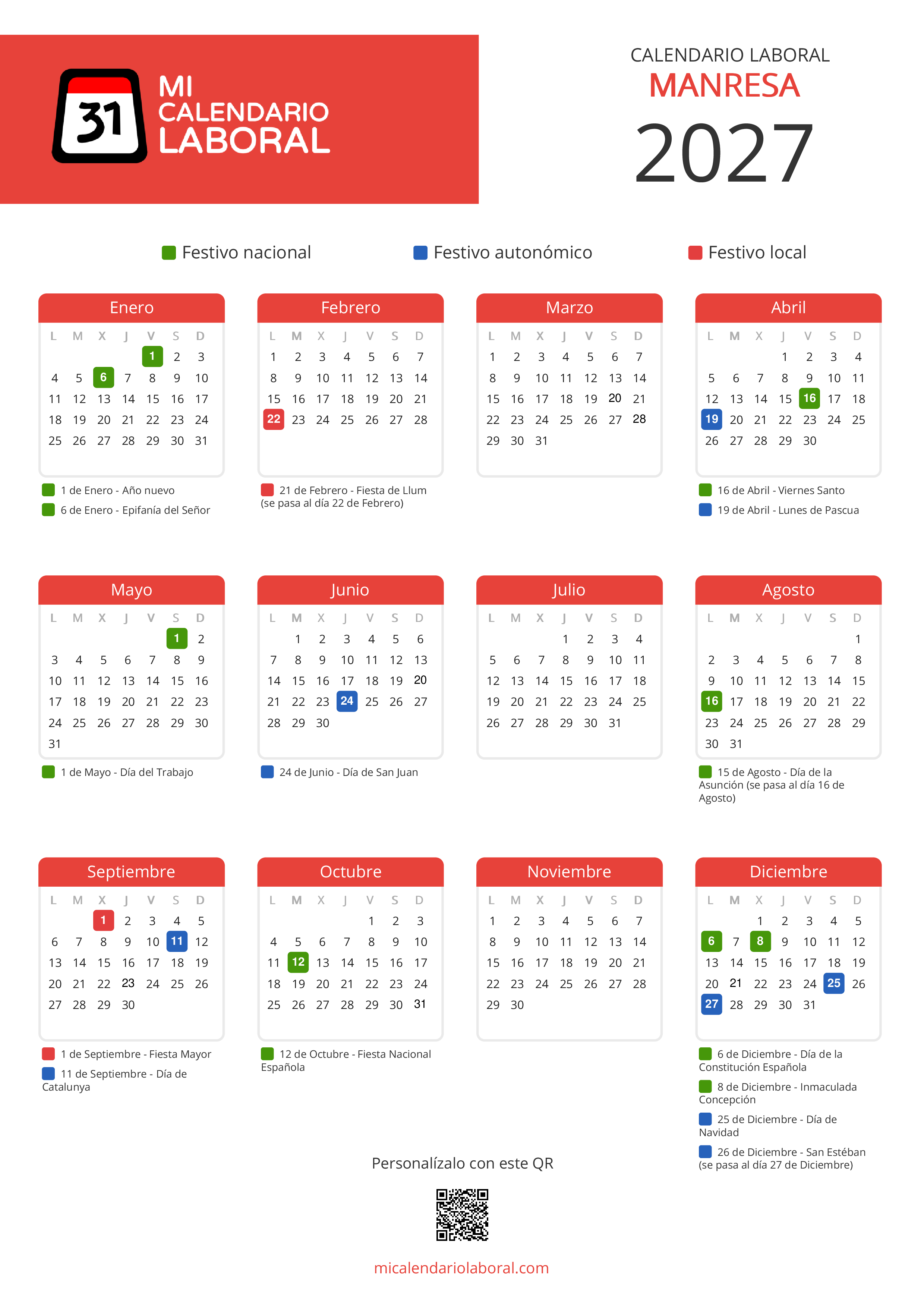 Calendario Laboral de Manresa 2027 - Feriados y puentes de Manresa formato vertical