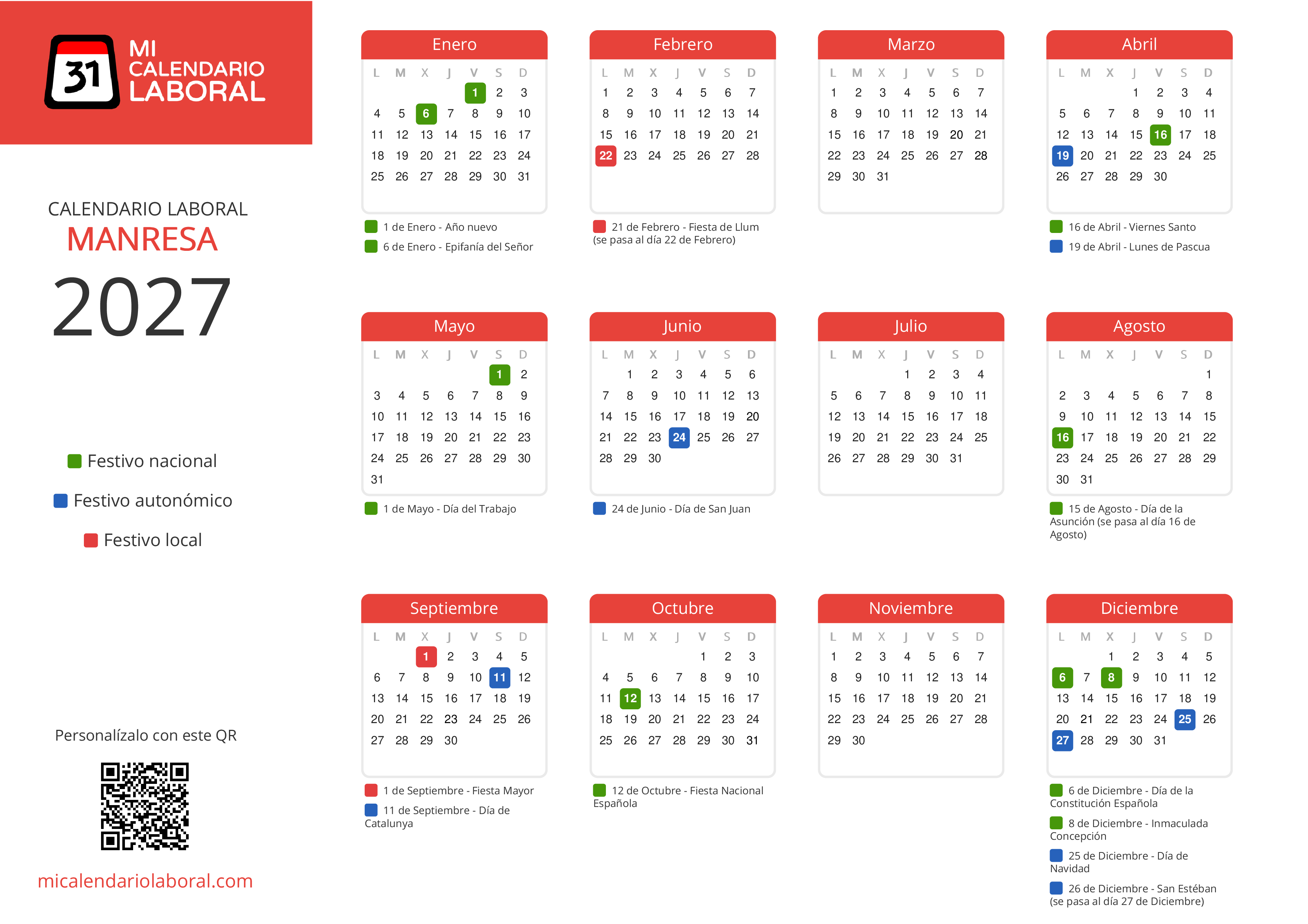 Calendario Laboral de Manresa 2027 - Feriados y puentes de Manresa