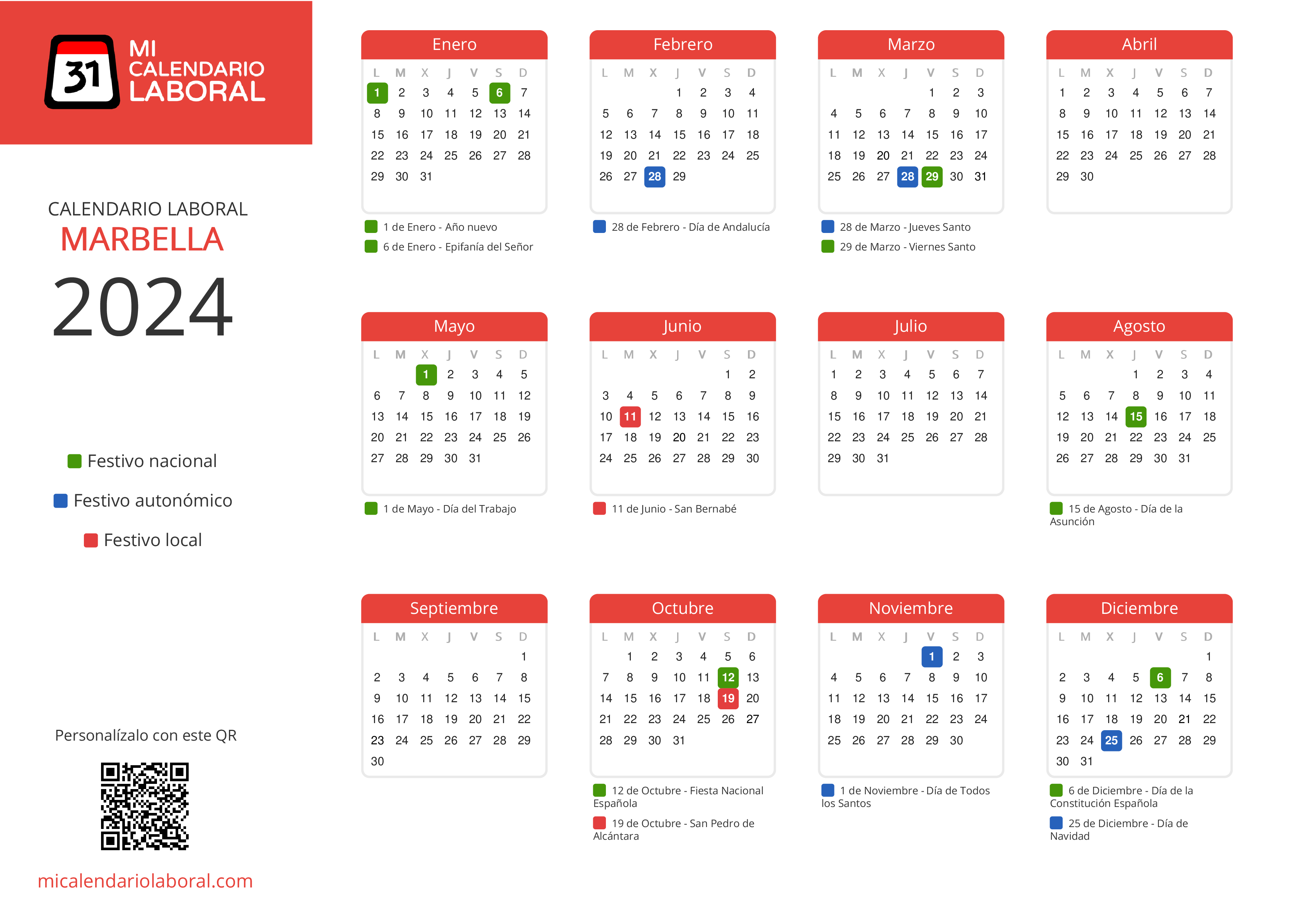 Calendario Laboral de Marbella 2024 - Feriados y puentes de Marbella