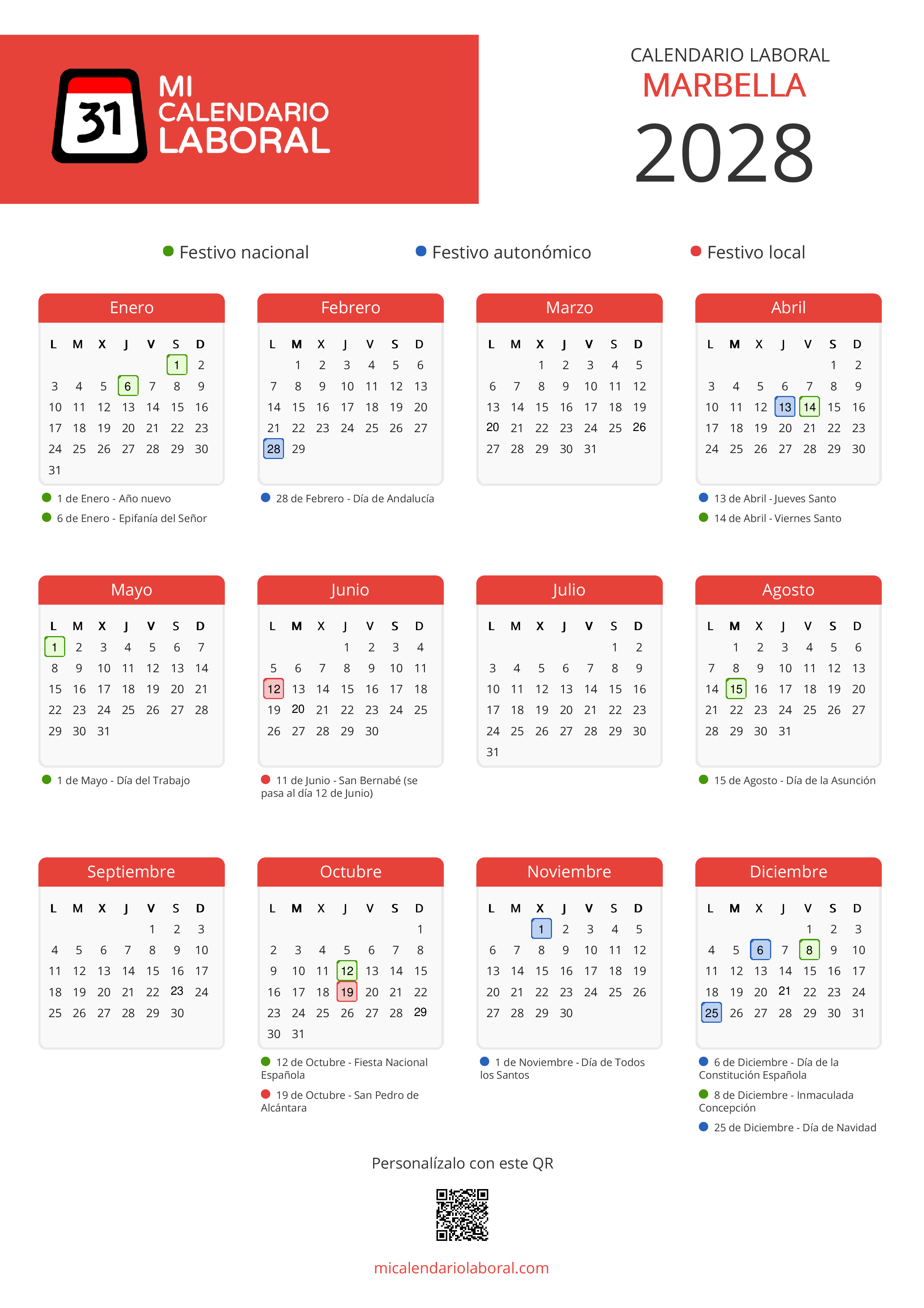 Calendario Laboral de Marbella 2028 - Feriados y puentes de Marbella formato vertical