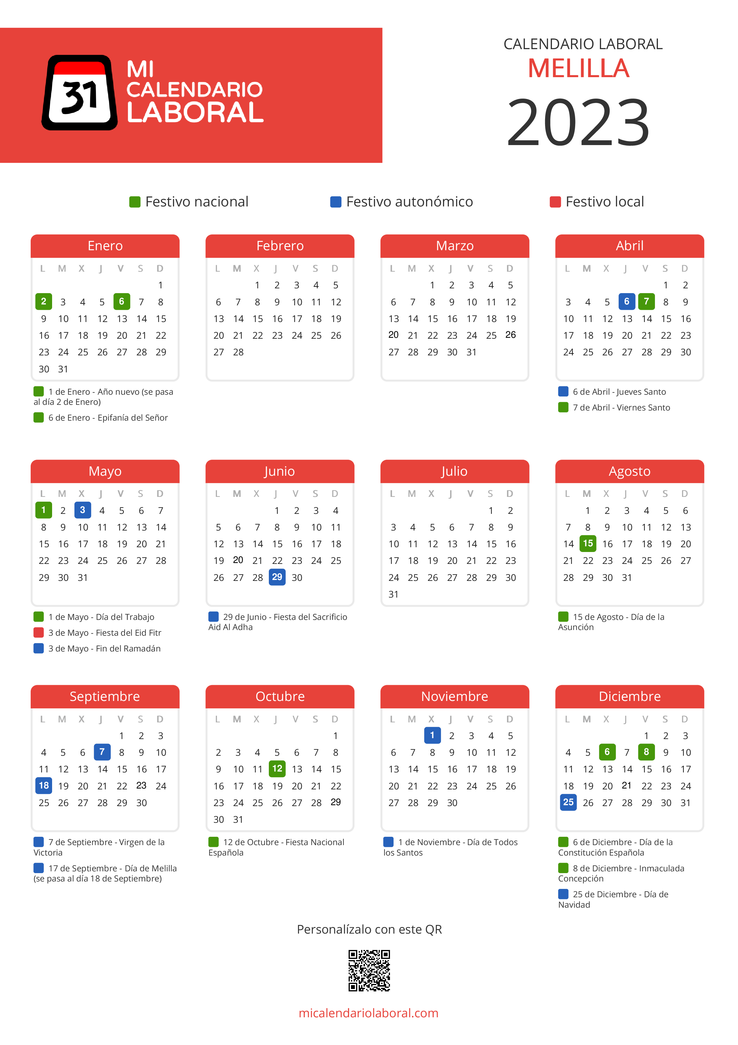 Calendario Laboral de Melilla 2023 - Feriados y puentes de Melilla formato vertical