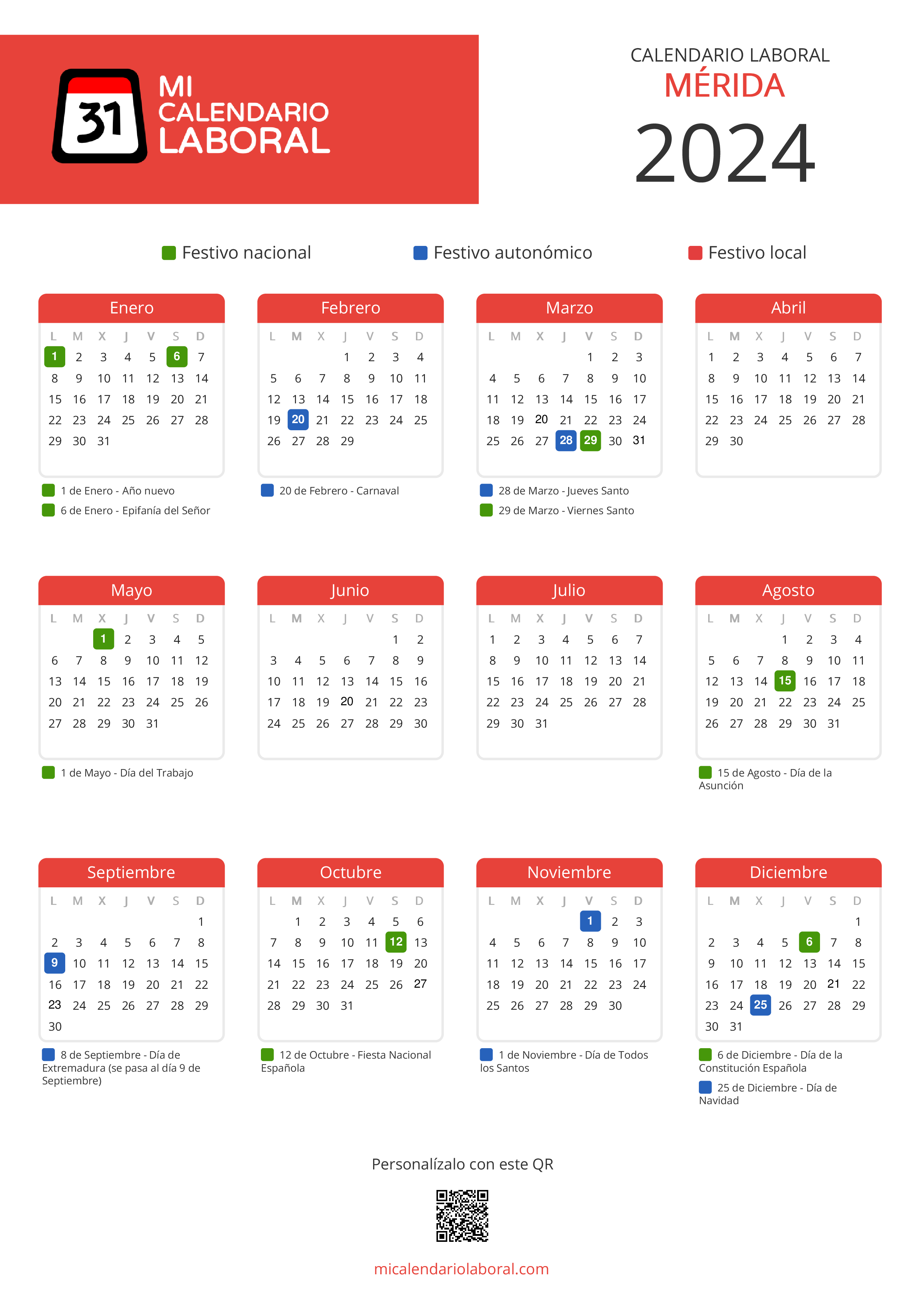 Calendario Laboral de Mérida 2024 - Feriados y puentes de Mérida formato vertical