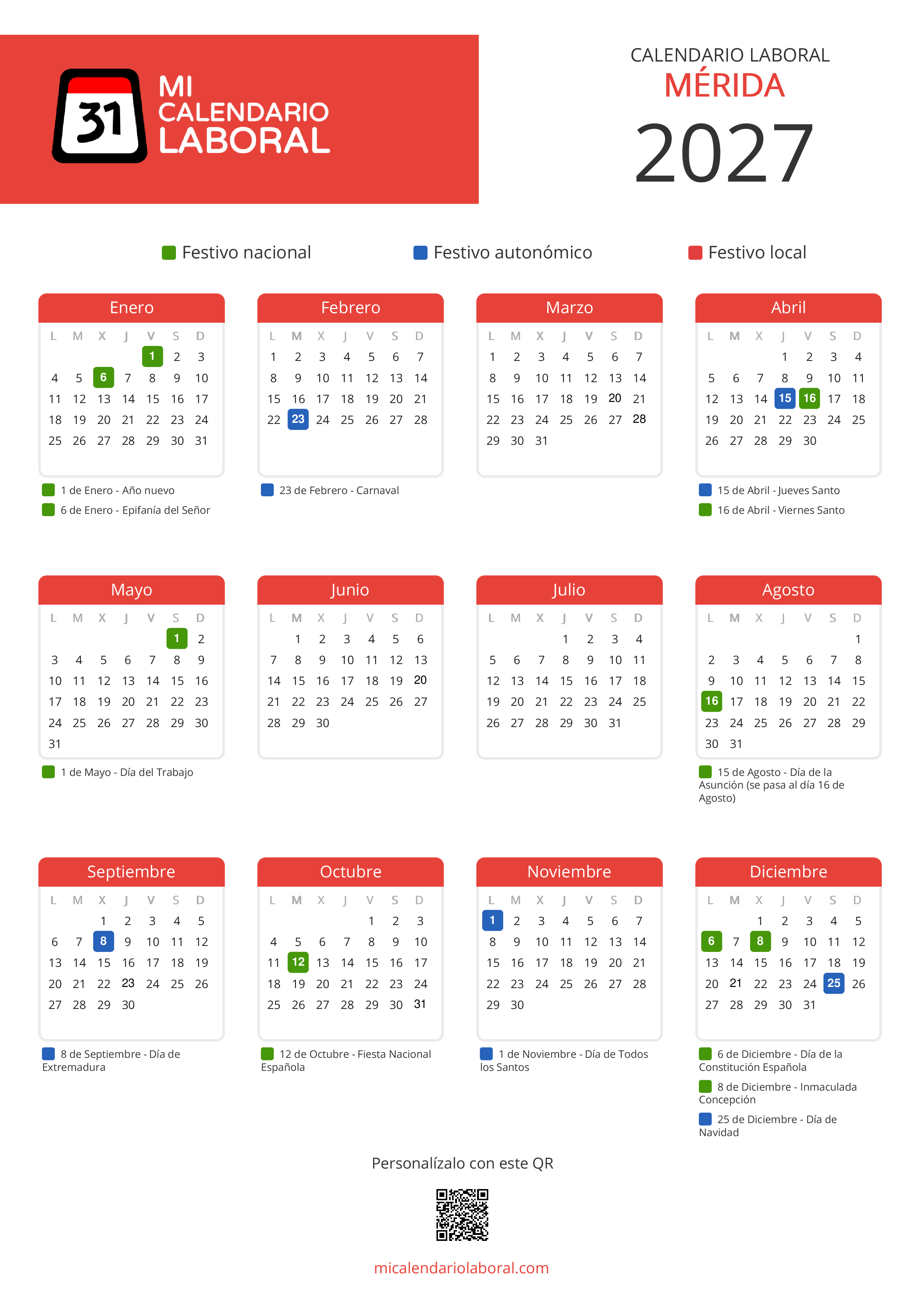 Calendario Laboral de Mérida 2027 - Feriados y puentes de Mérida formato vertical